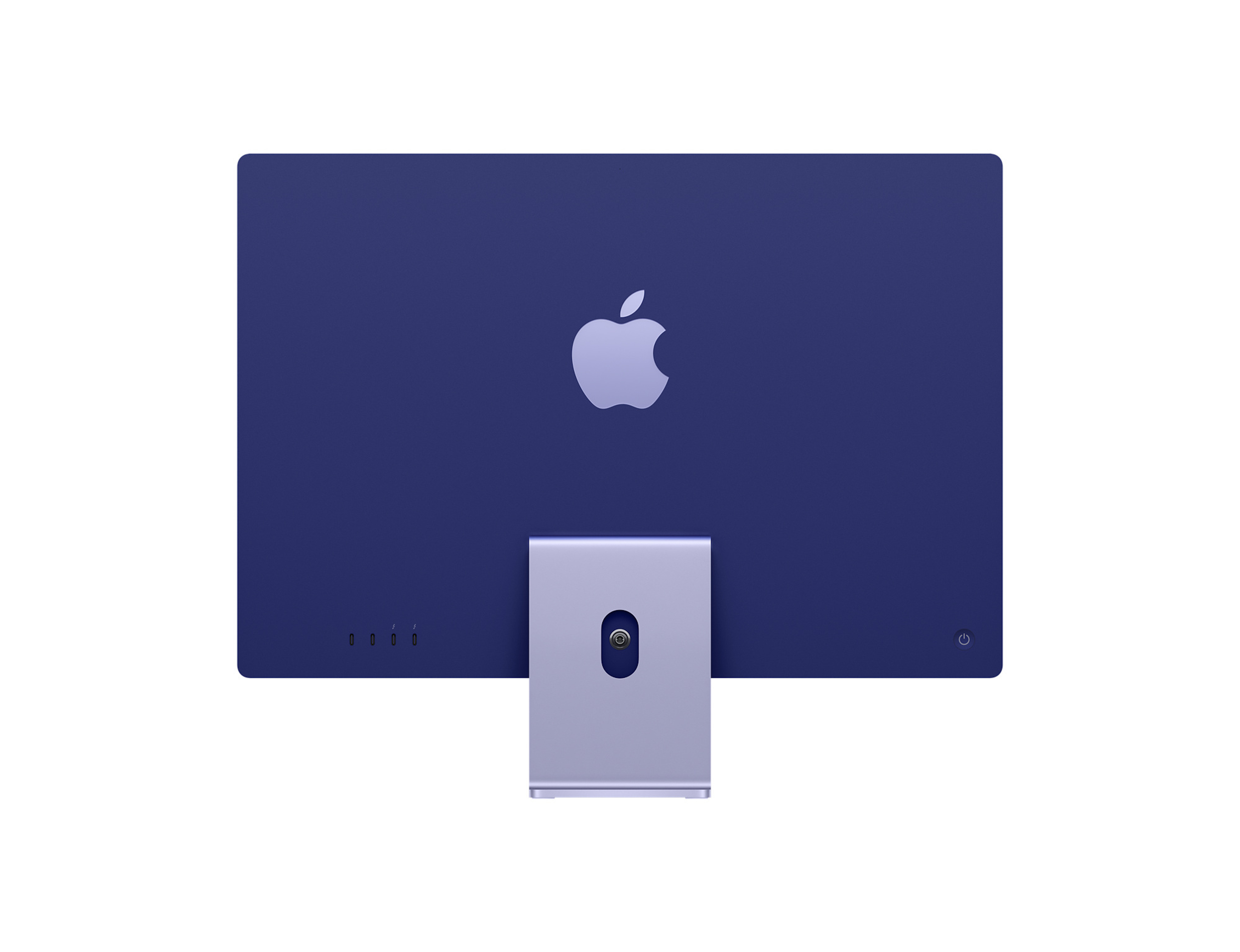 Vista trasera de un iMac azul de Apple. Soporte y logo plateados. El iMac está sobre un fondo blanco.