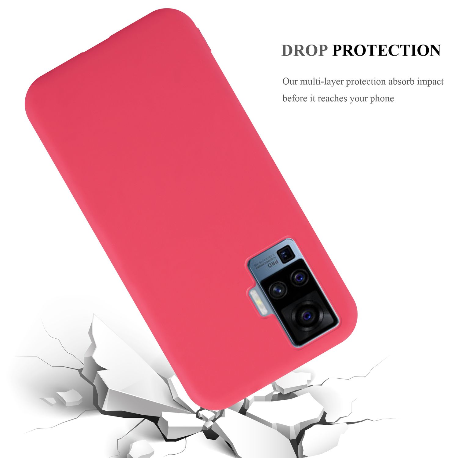 Custodia per telefono rossa che cade. Mostra la custodia con fotocamera, sfondo bianco e superficie incrinata.