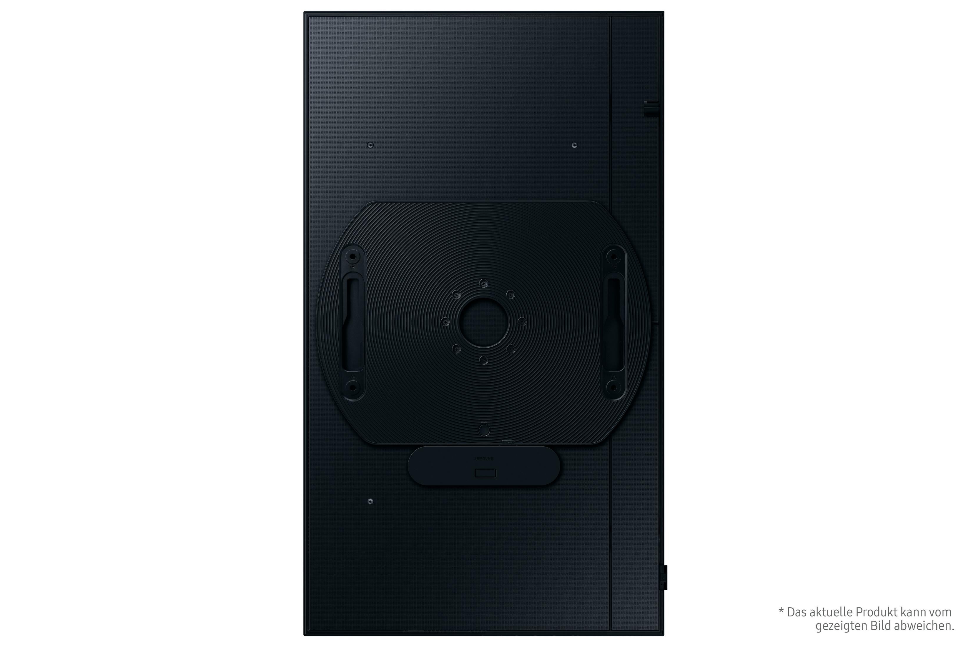 Arrière d'un téléviseur noir, support de montage, fond noir.