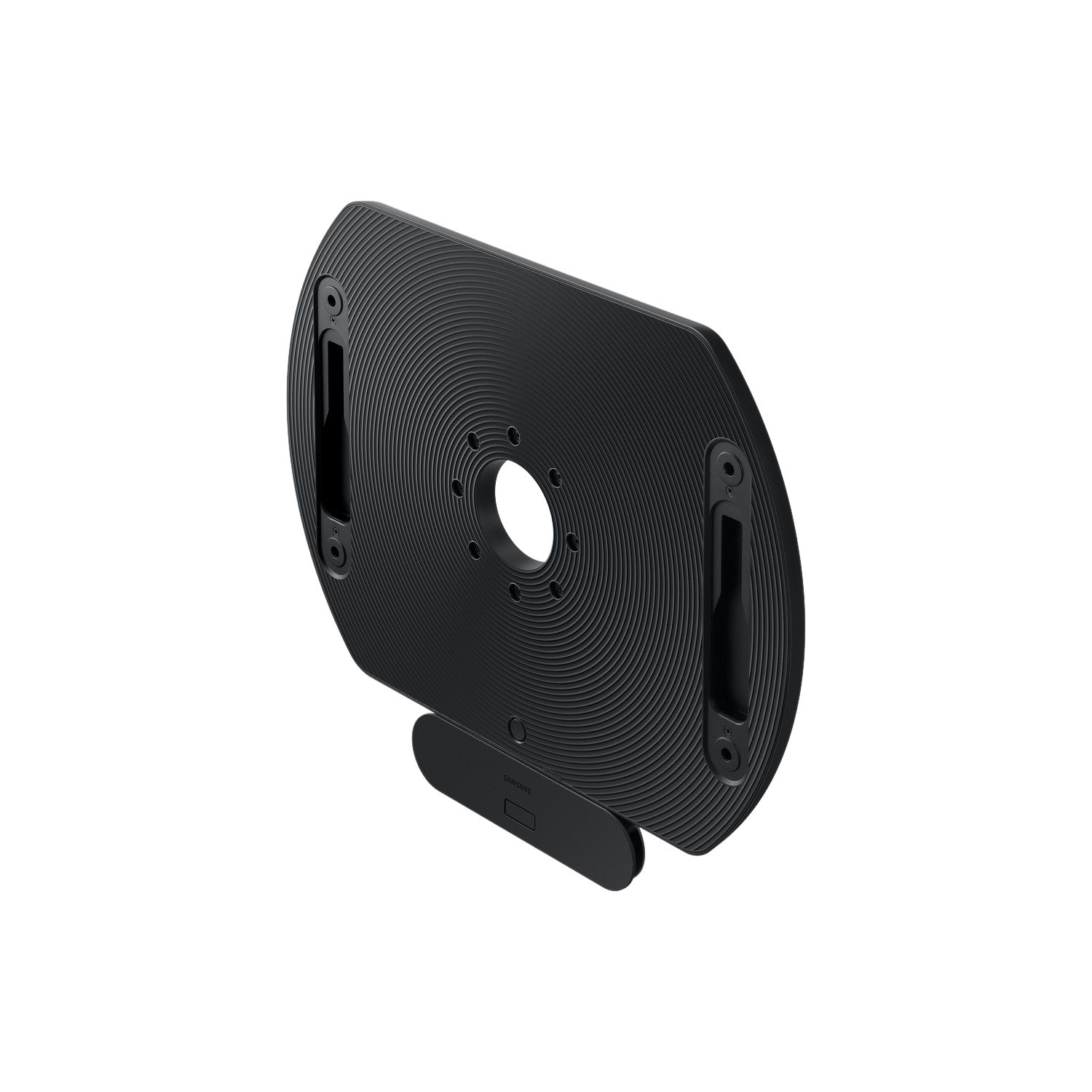 Un support de téléviseur noir et circulaire sur fond noir.