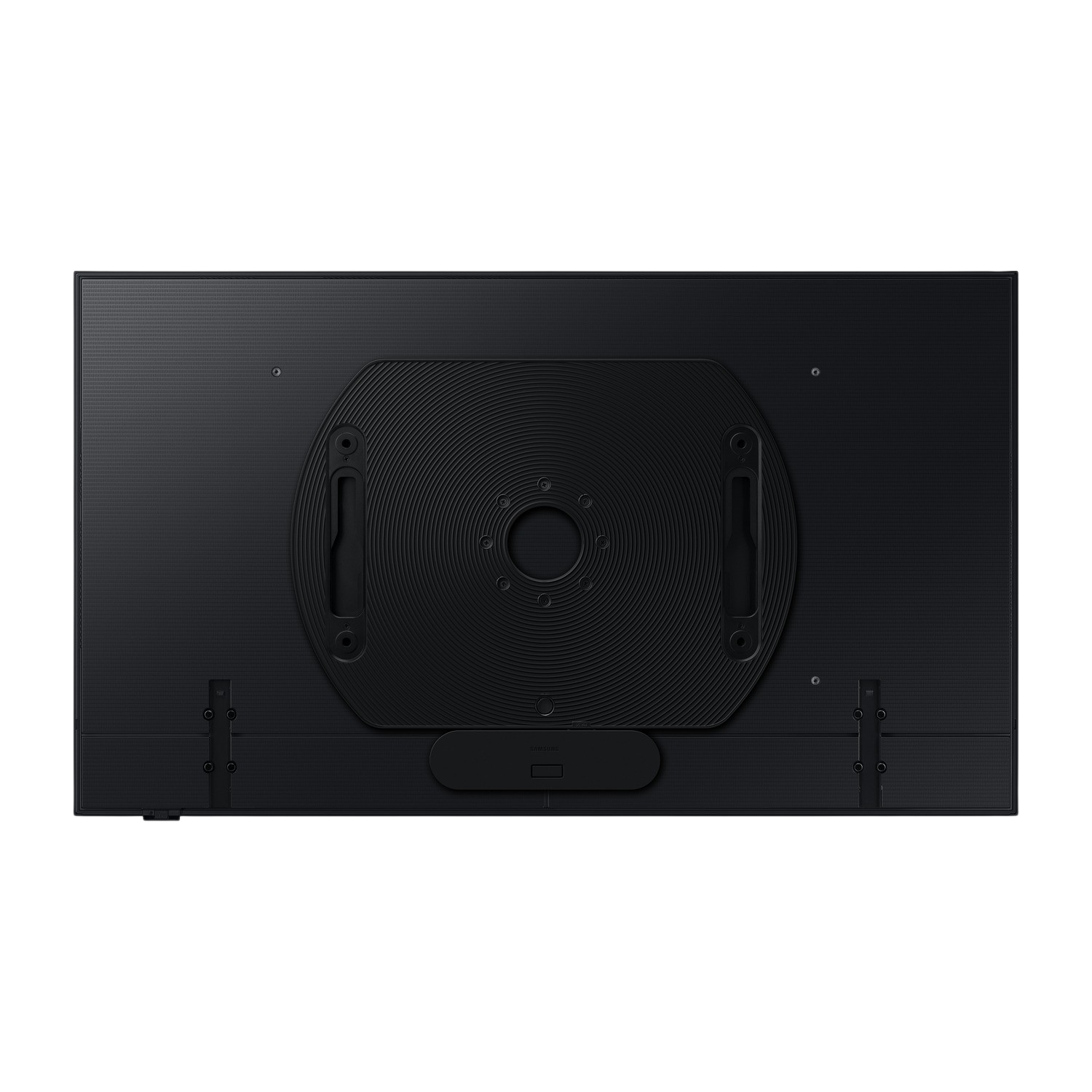 Arrière d'une TV noire avec supports et ports, sur fond blanc.