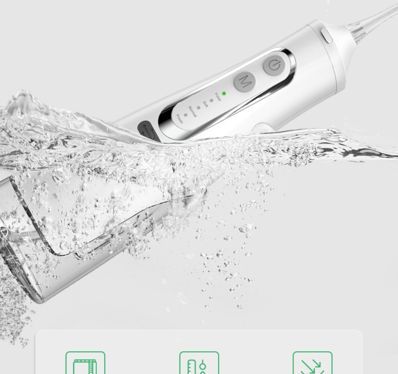 Weißer Munddusche im Wasser. Knöpfe und Wasserbehälter sichtbar.