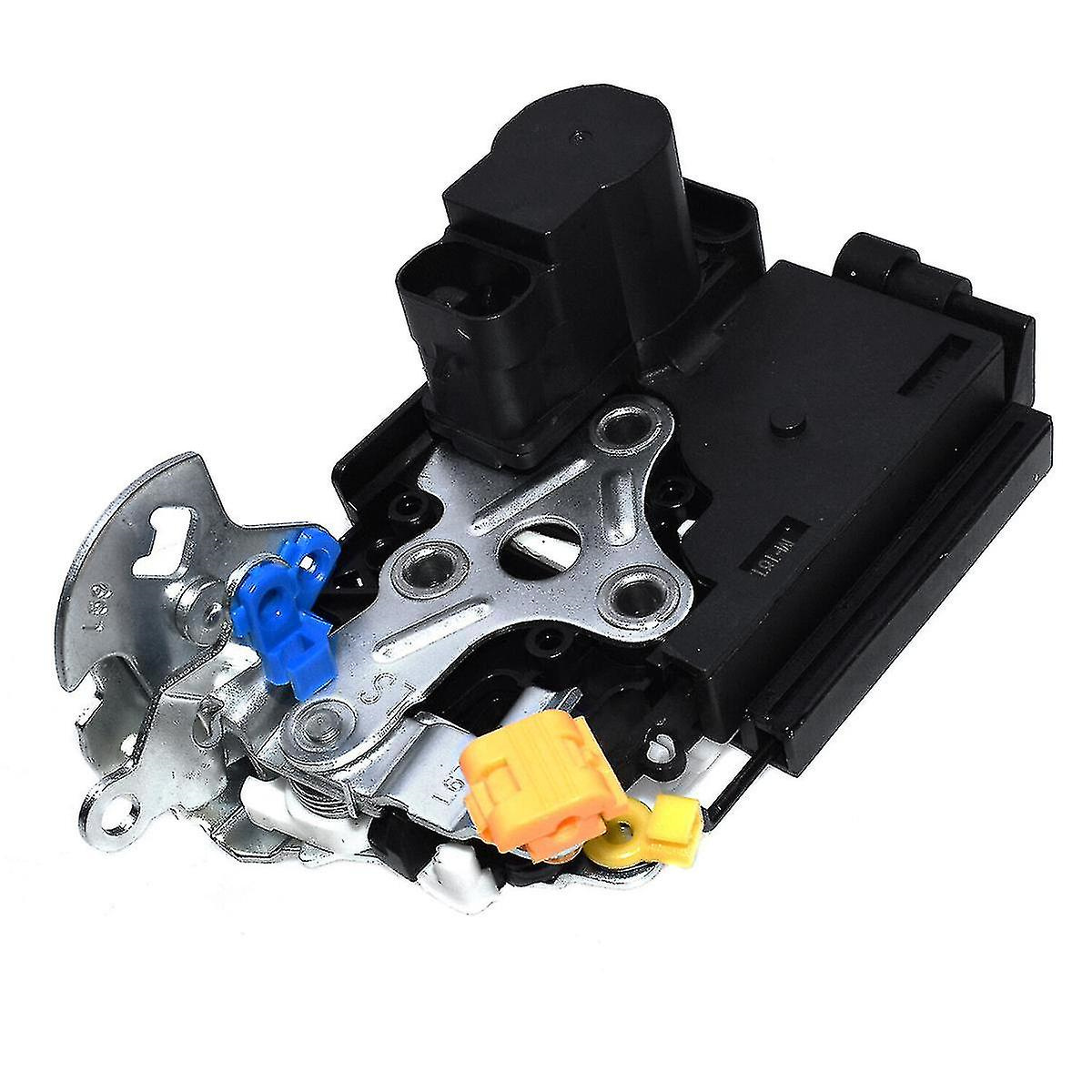 Ein Autotürverriegelungsmechanismus mit verschiedenfarbigen Teilen, darunter blaue und gelbe Komponenten.