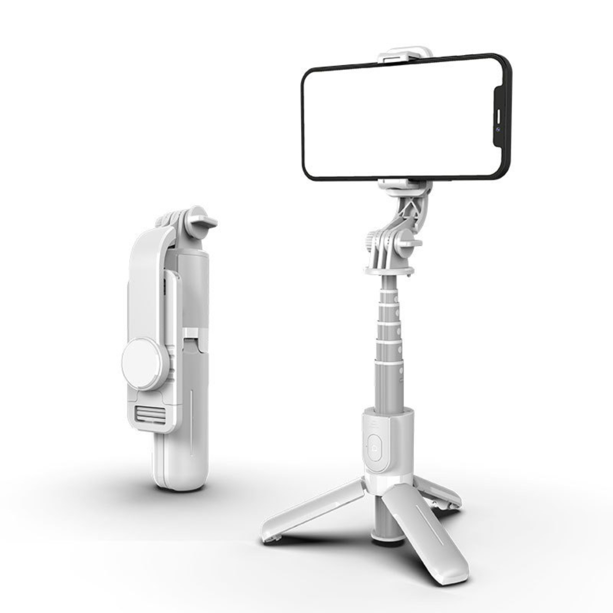 Ein weißer Selfie-Stick und eine gefaltete Version. Der Stick befindet sich auf einem Stativ und hält ein Telefon.