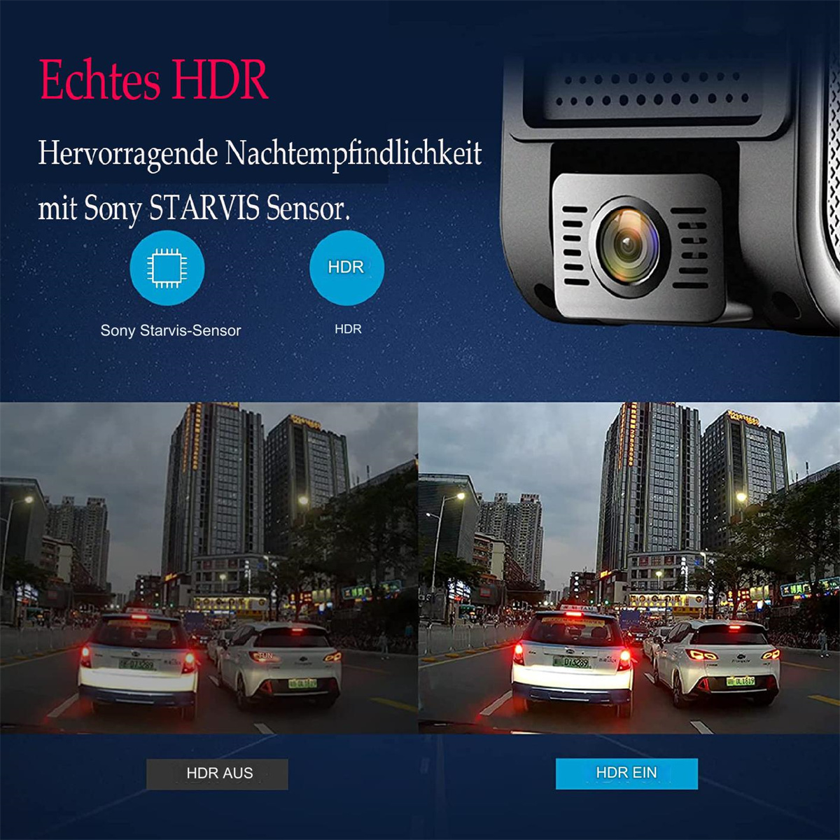 Bildvergleich HDR aus und ein in einem Auto-Dashcam. Zeigt Autos auf einer Straße.