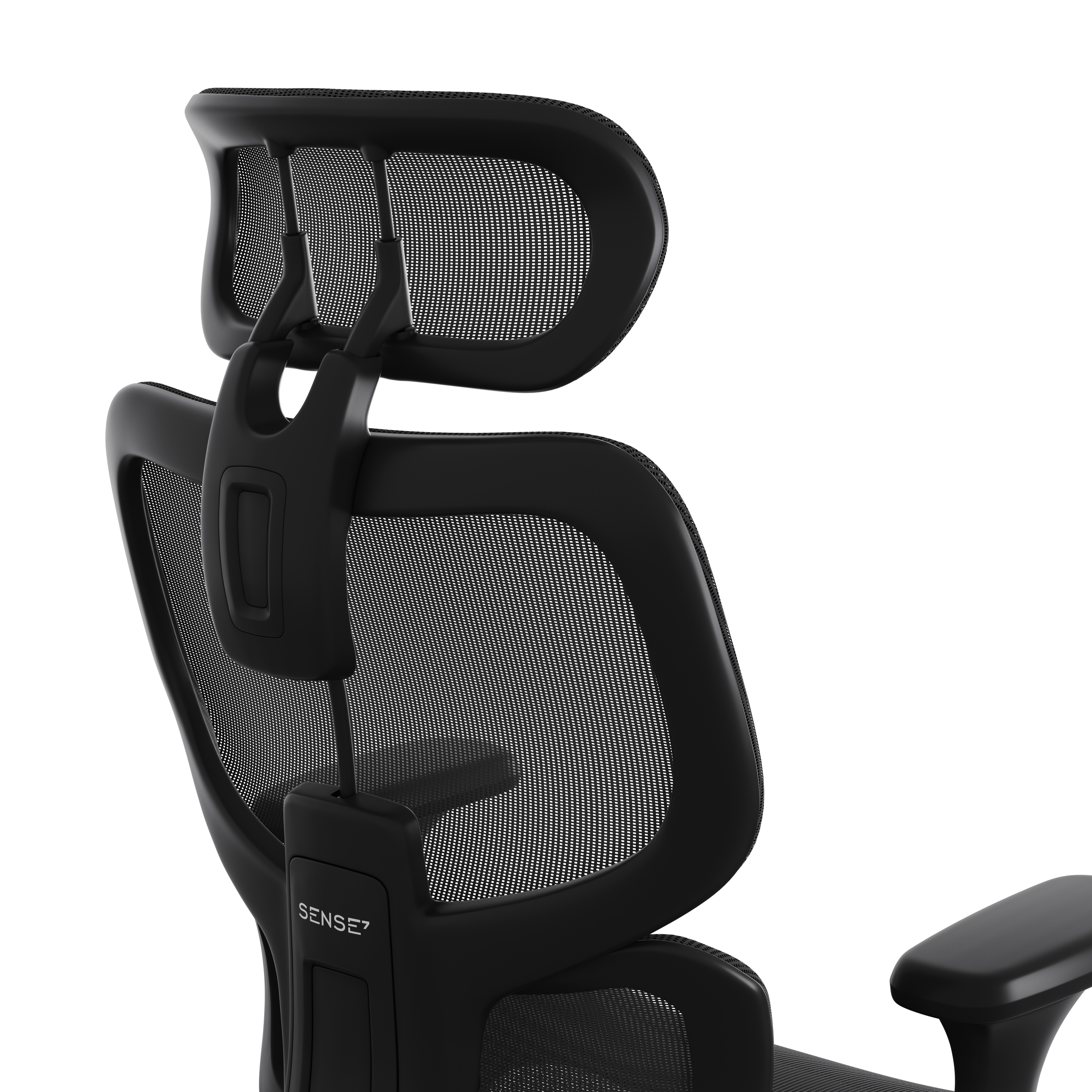 Een zwarte mesh bureaustoel hoofdsteun. De hoofdsteun is verstelbaar en ergonomisch.