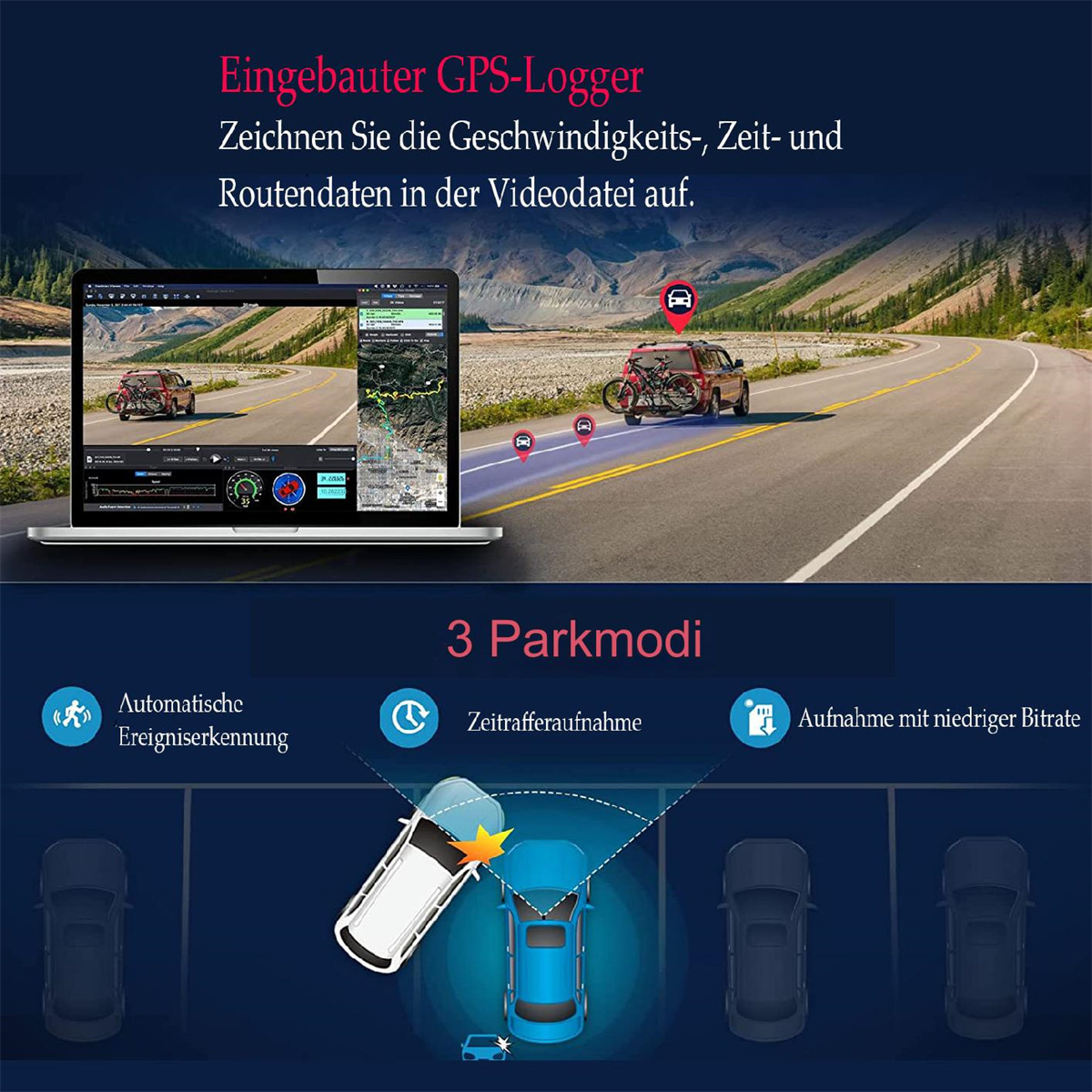Bild mit Text über Auto-Videoaufnahmen, das Autos auf der Straße und Parkmodi zeigt.