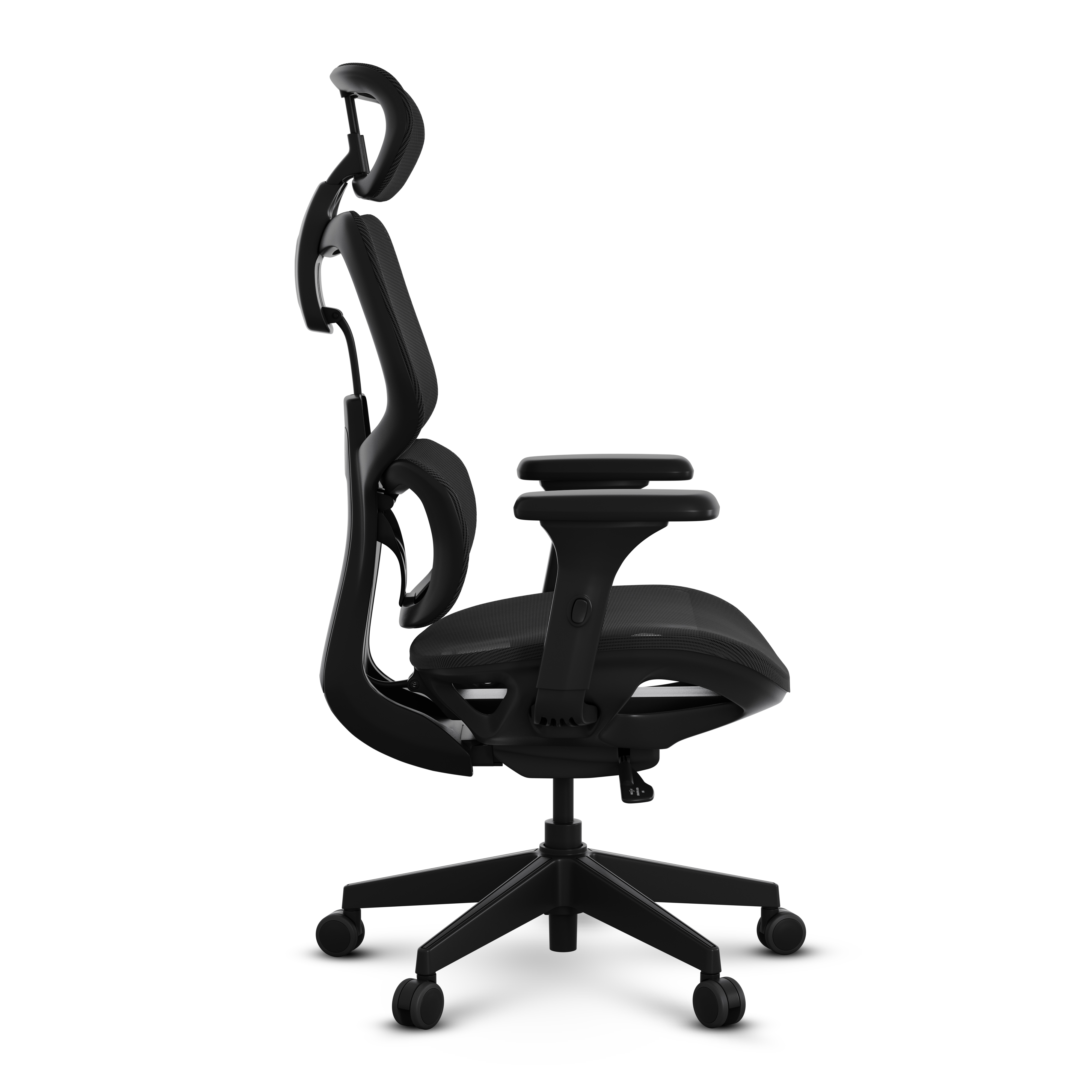 Zwarte ergonomische bureaustoel met verstelbare hoofdsteun, armleuningen en een onderstel met vijf wielen.