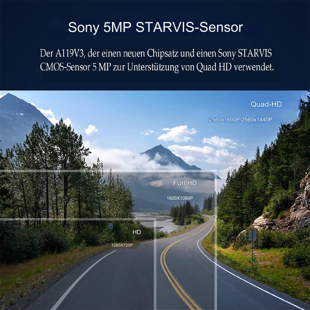 Straße durch Wald, mit Text über einen Sony 5MP STARVIS Sensor und Quad HD.