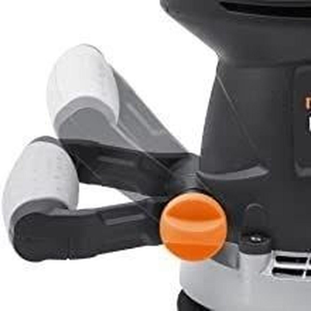 Nahaufnahme eines schwarzen und grauen Elektrowerkzeugs mit einem orangefarbenen Knopf.