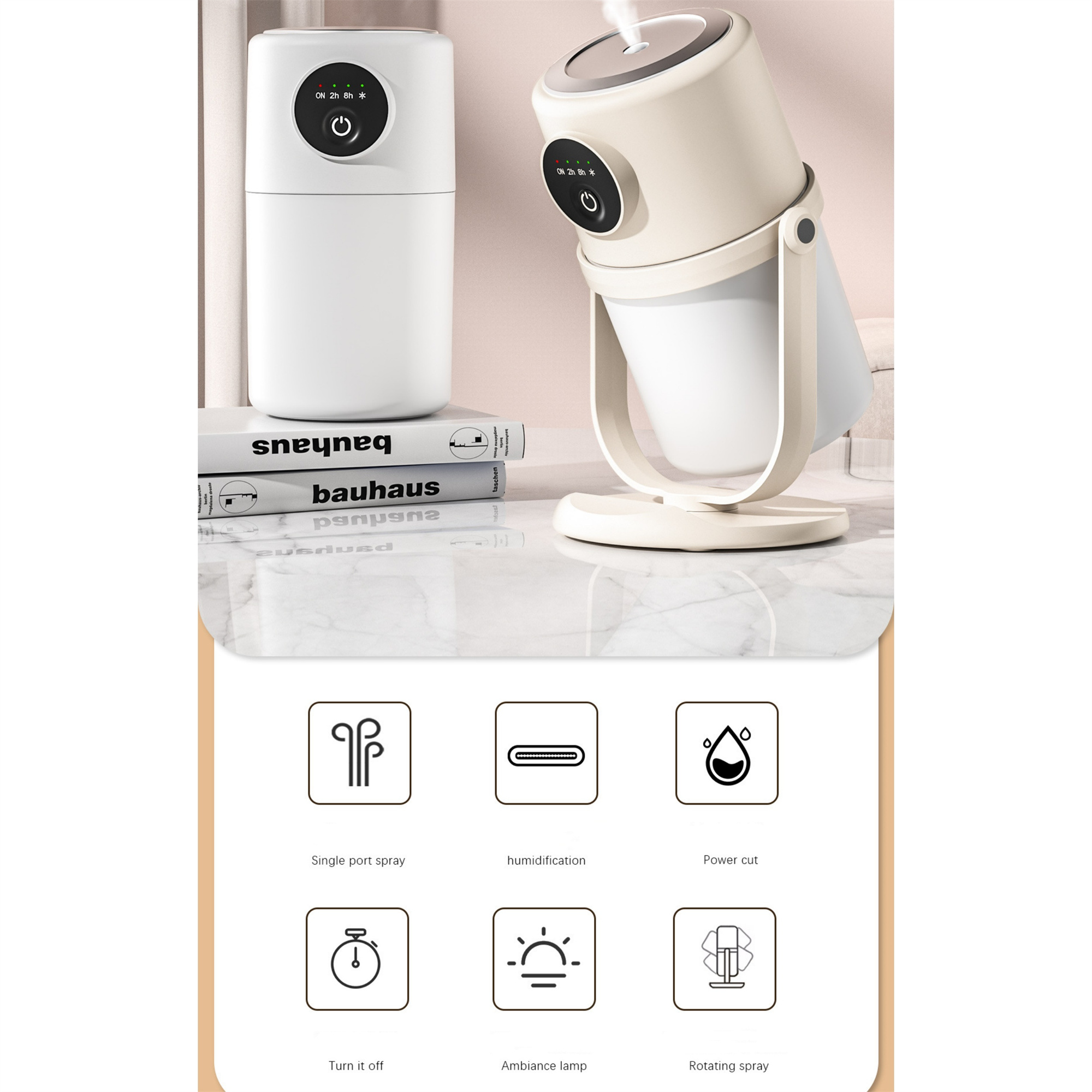 Weißer Luftbefeuchter mit Symbolen für Einspritzung, Befeuchtung, Stromausfall, Abschaltung, Ambiente-Lampe.