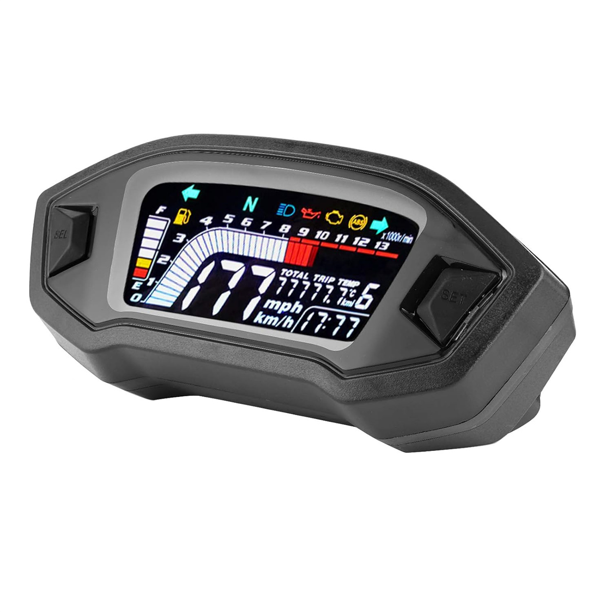 Motorrad-Dashboard mit Anzeige von Geschwindigkeit und anderen Informationen, schwarzer Hintergrund.