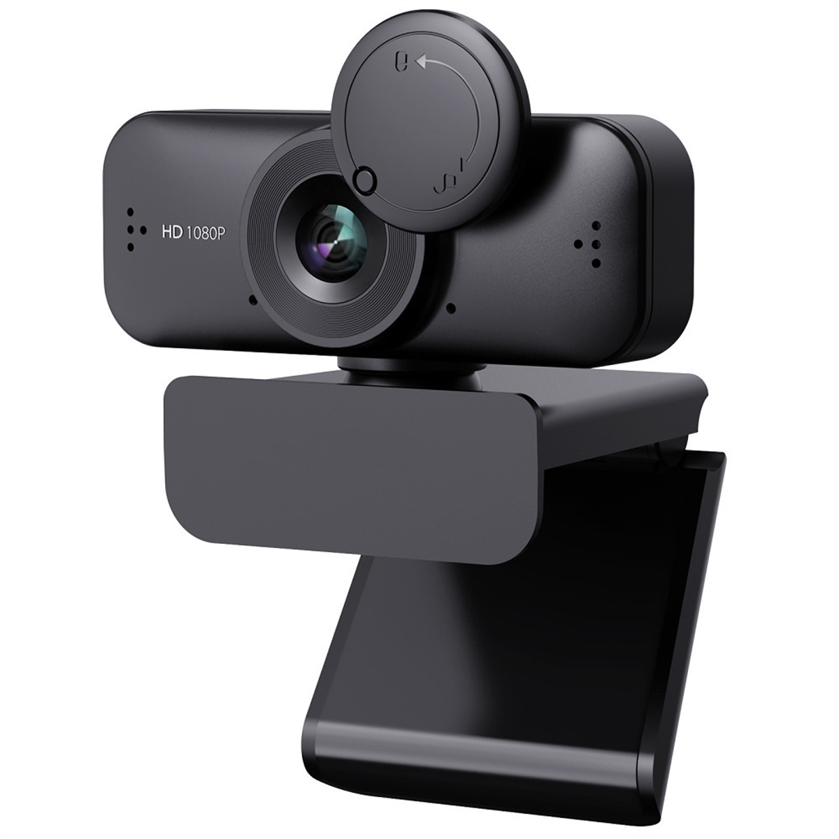 Eine schwarze Webcam mit Objektiv und Ständer. HD 1080p ist auf dem Kameragehäuse aufgedruckt.