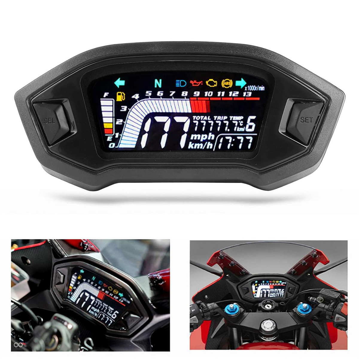 Ein Motorrad-Dashboard mit digitaler Anzeige. Zeigt Geschwindigkeit, Drehzahl und andere wichtige Informationen.