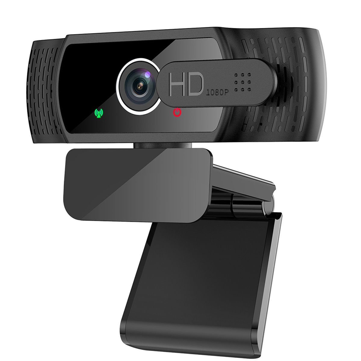 Eine schwarze Webcam mit Linse, roter Kontrollleuchte und angebrachtem Ständer.