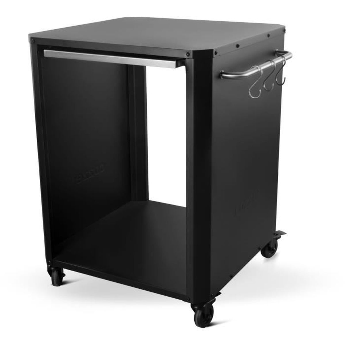 Carrello in metallo nero con ripiano, barra appendiabiti e ganci, su sfondo bianco.