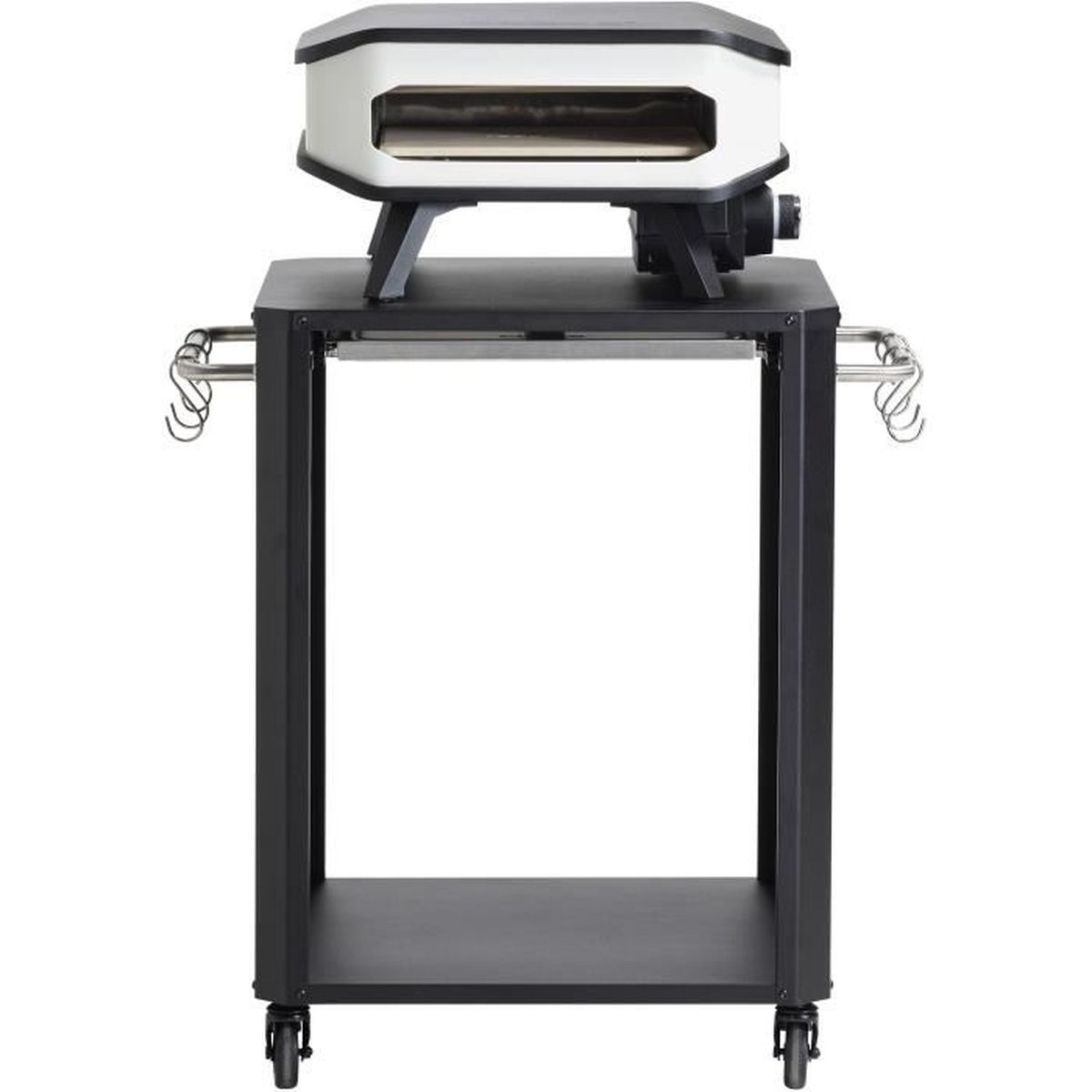 Un forno per pizza su un carrello nero con ruote, con ganci per appendere.