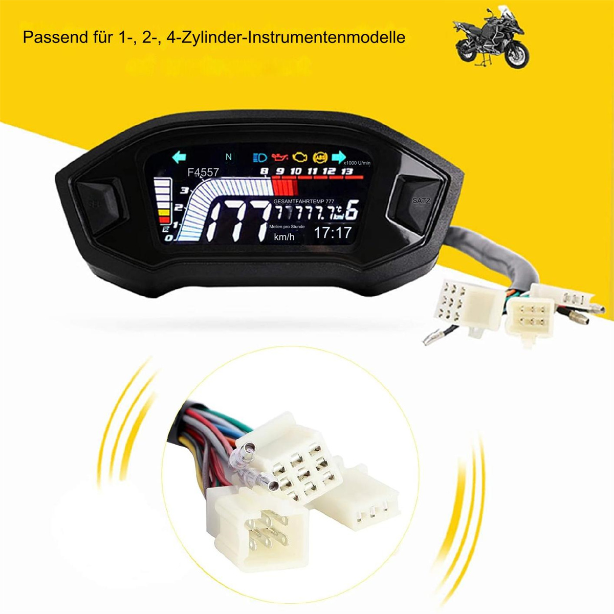 Motorrad-Dashboard mit Digitalanzeige, die Geschwindigkeit, Drehzahl und andere Daten anzeigt.