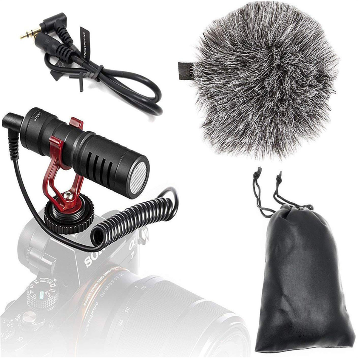 Mikrofon-Setup mit Zubehör. Enthält Mikrofon, Stoßdämpfer, Kabel und Windschutz.
