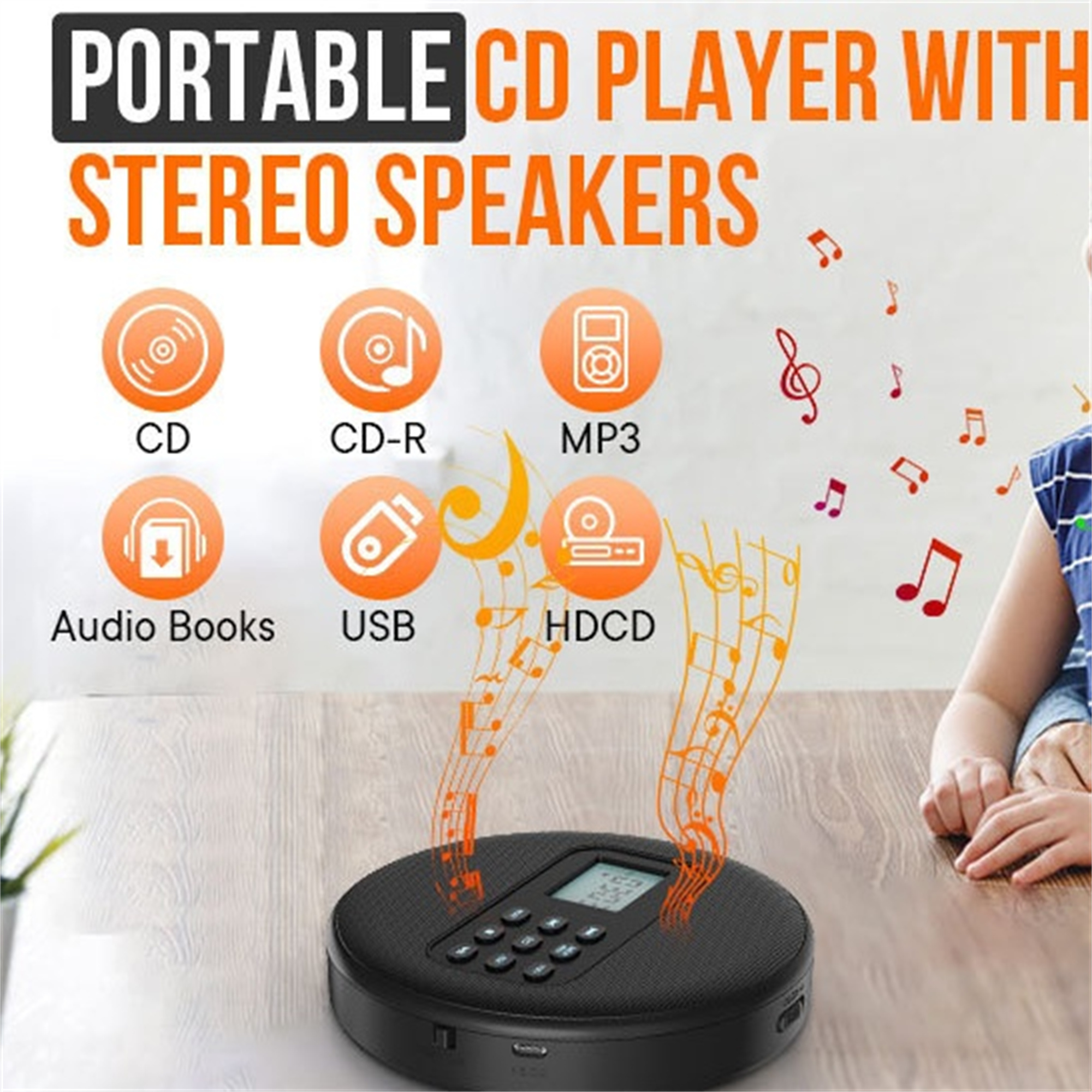 Tragbarer CD-Player mit Stereolautsprechern, mit Symbolen für CD, CD-R, MP3, Hörbücher, USB und HDCD.