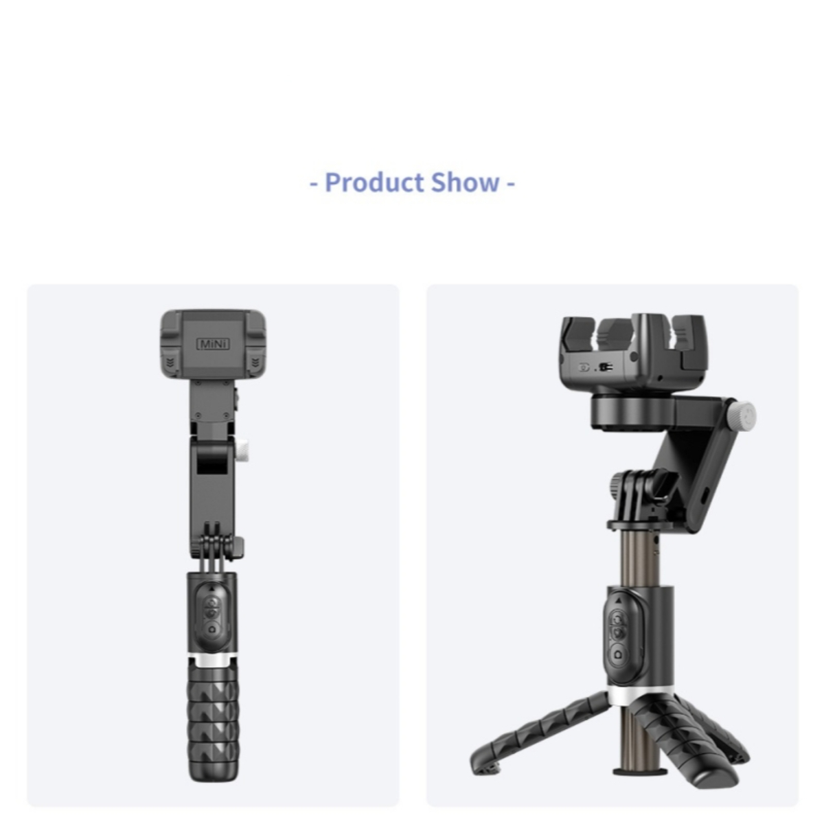Zwei schwarze Selfie-Sticks. Einer ausgefahren, einer zusammengeklappt. Beide haben eine Telefonhalterung.