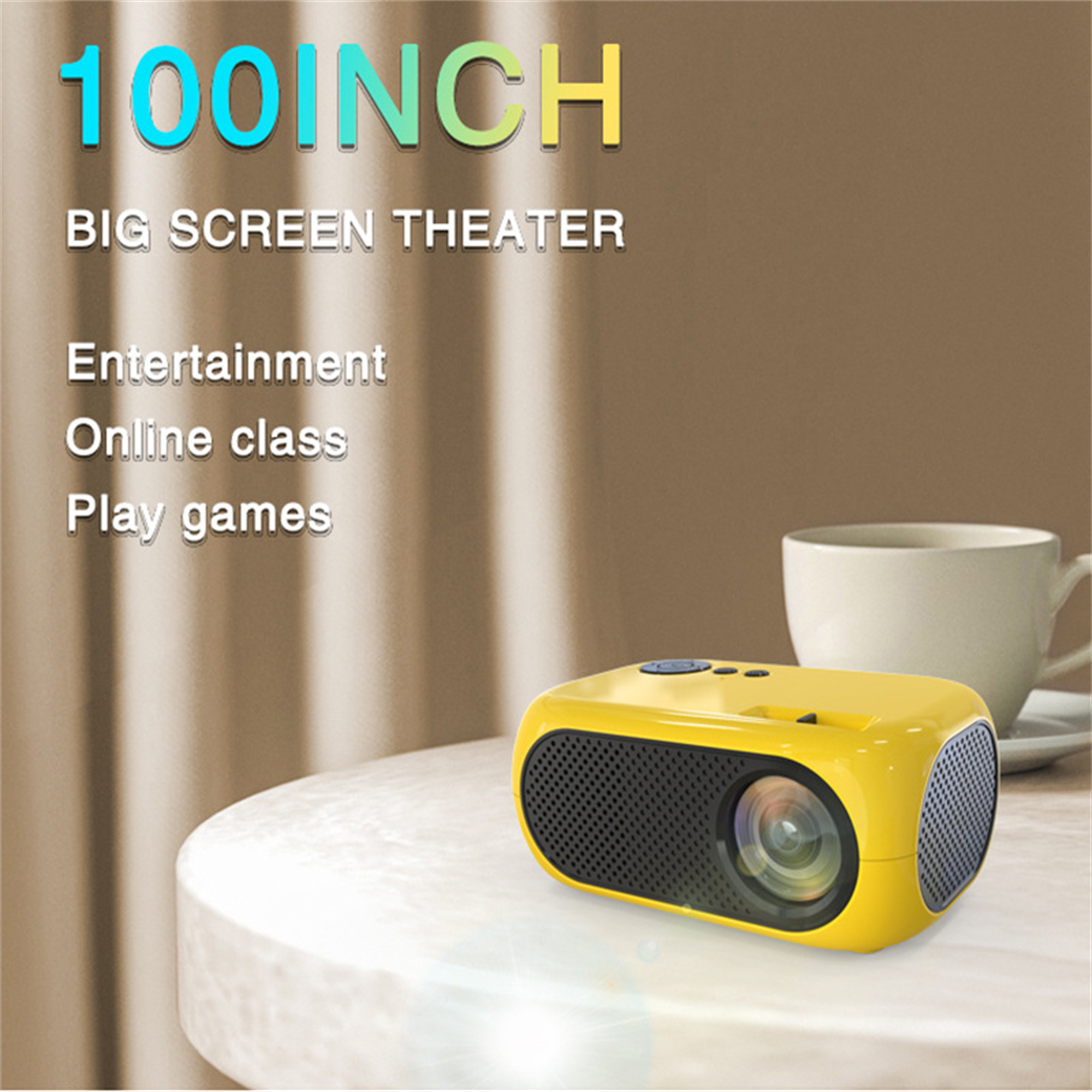 Gelber Projektor auf einem Tisch mit Tasse. Text: '100 INCH BIG SCREEN THEATER'.
