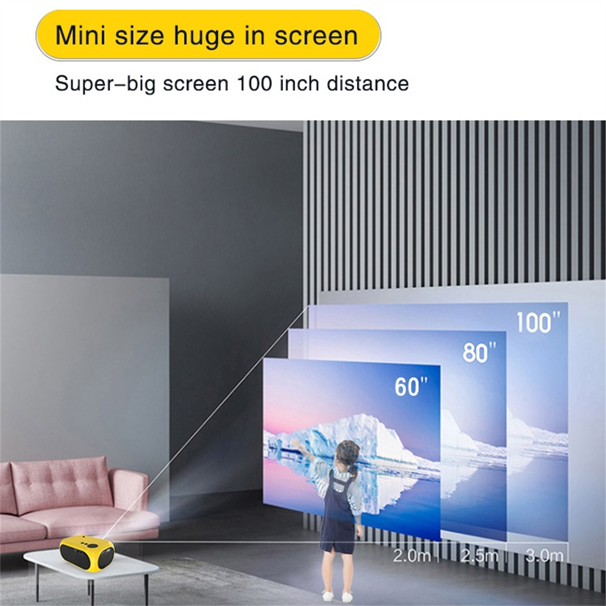 Ein Projektor zeigt einen 60, 80 und 100 Zoll Bildschirm, mit einem kleinen Mädchen davor.