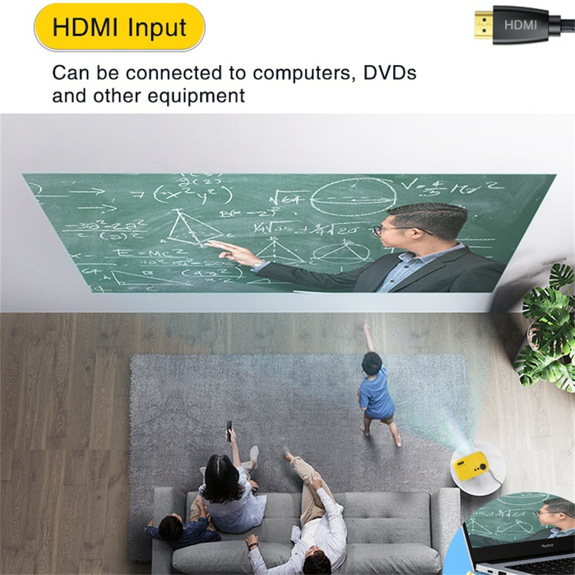 Projektor zeigt Vorlesung auf einer Tafel für eine Familie auf einem Sofa.