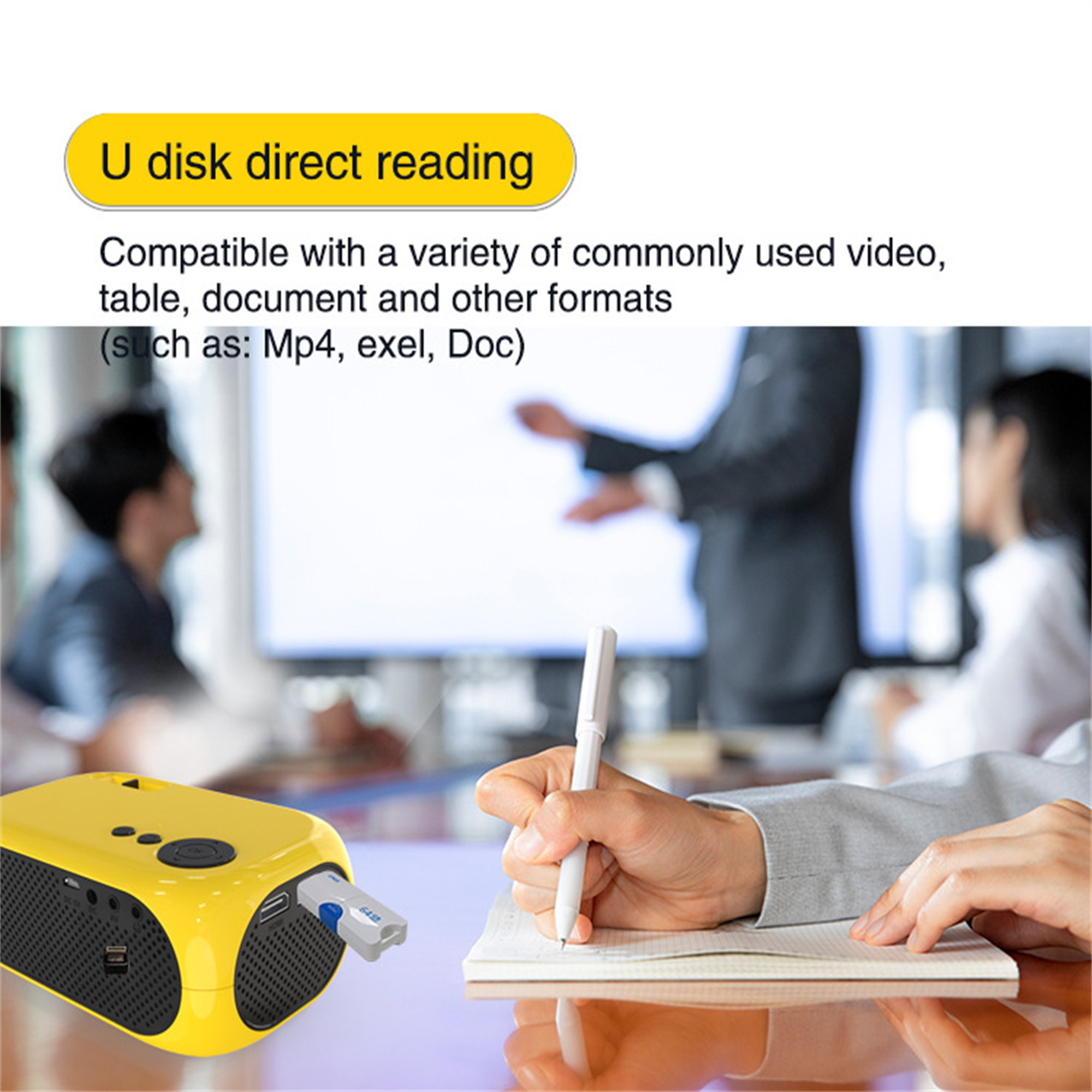 Ein gelbes Gerät mit USB-Stick, mit Text zur Kompatibilität mit Video- und Dokumentformaten.