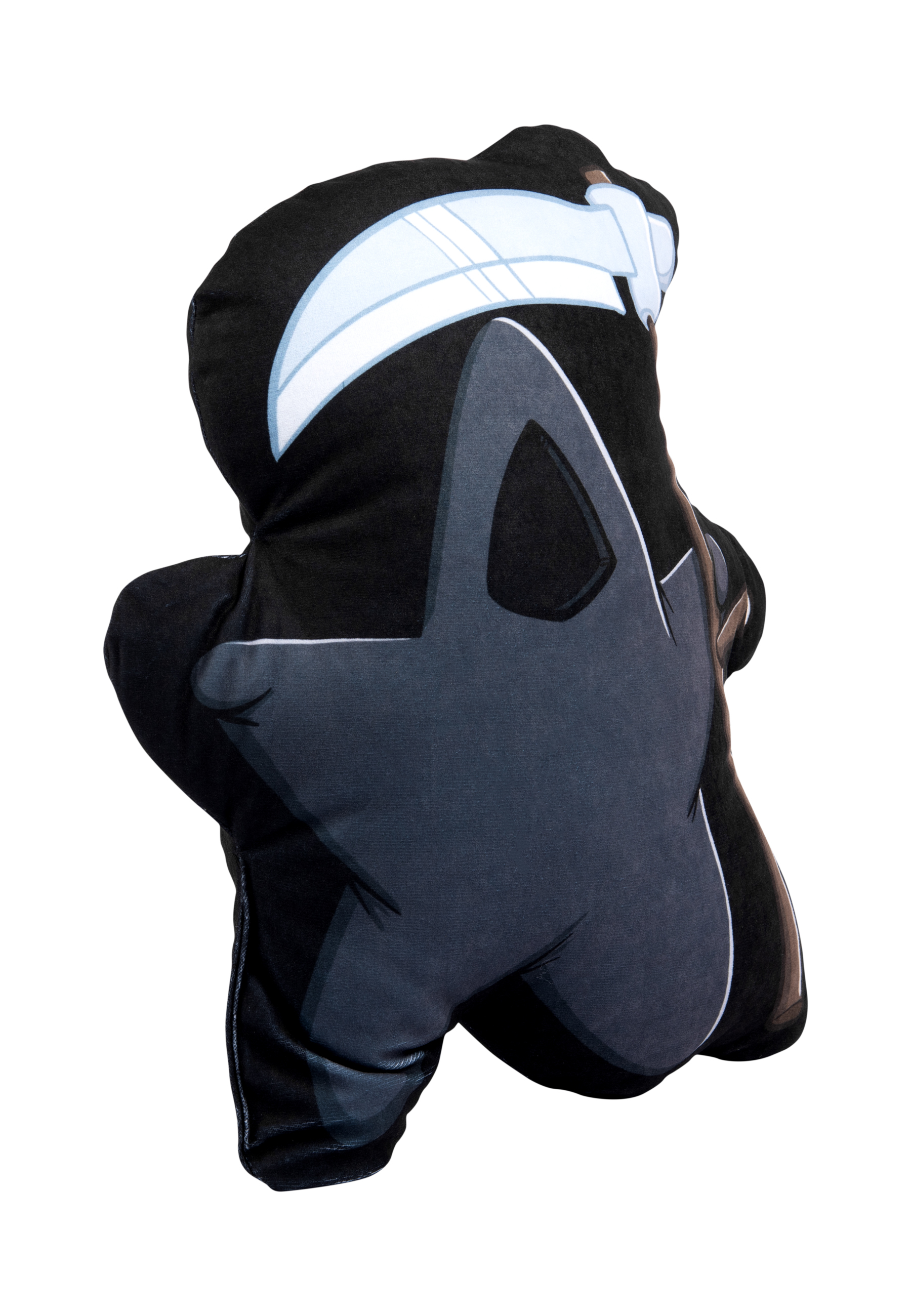 Ein schwarzes Kuscheltier des Sensenmanns mit grauem Gesicht und Sense.
