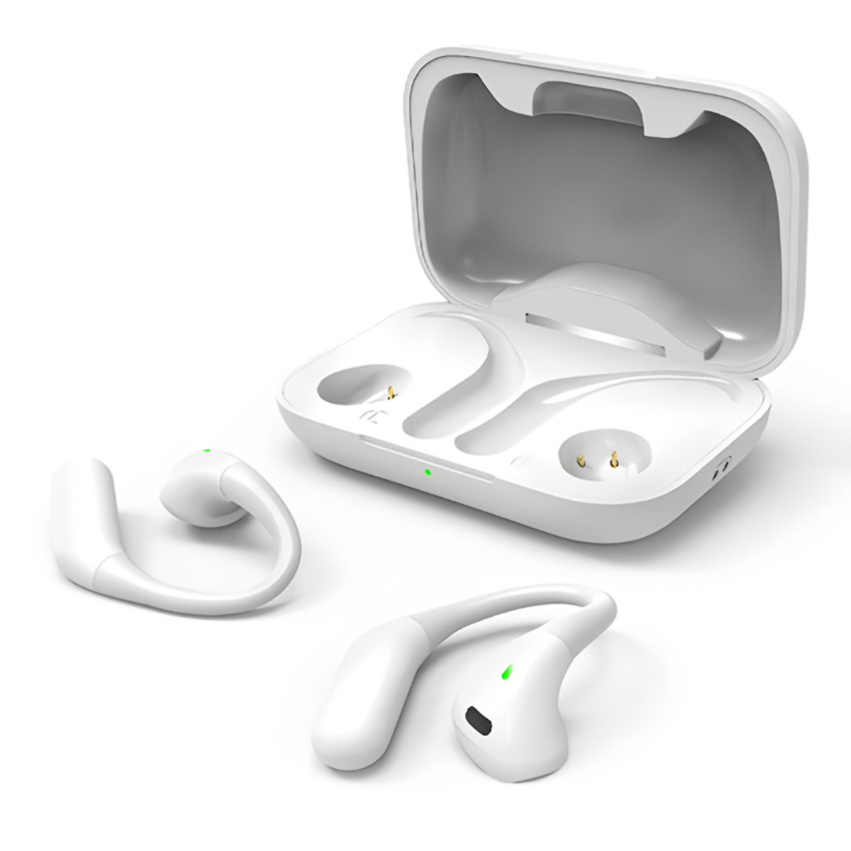 Auricolari wireless bianche e custodia di ricarica. Auricolari a gancio. Sfondo bianco.