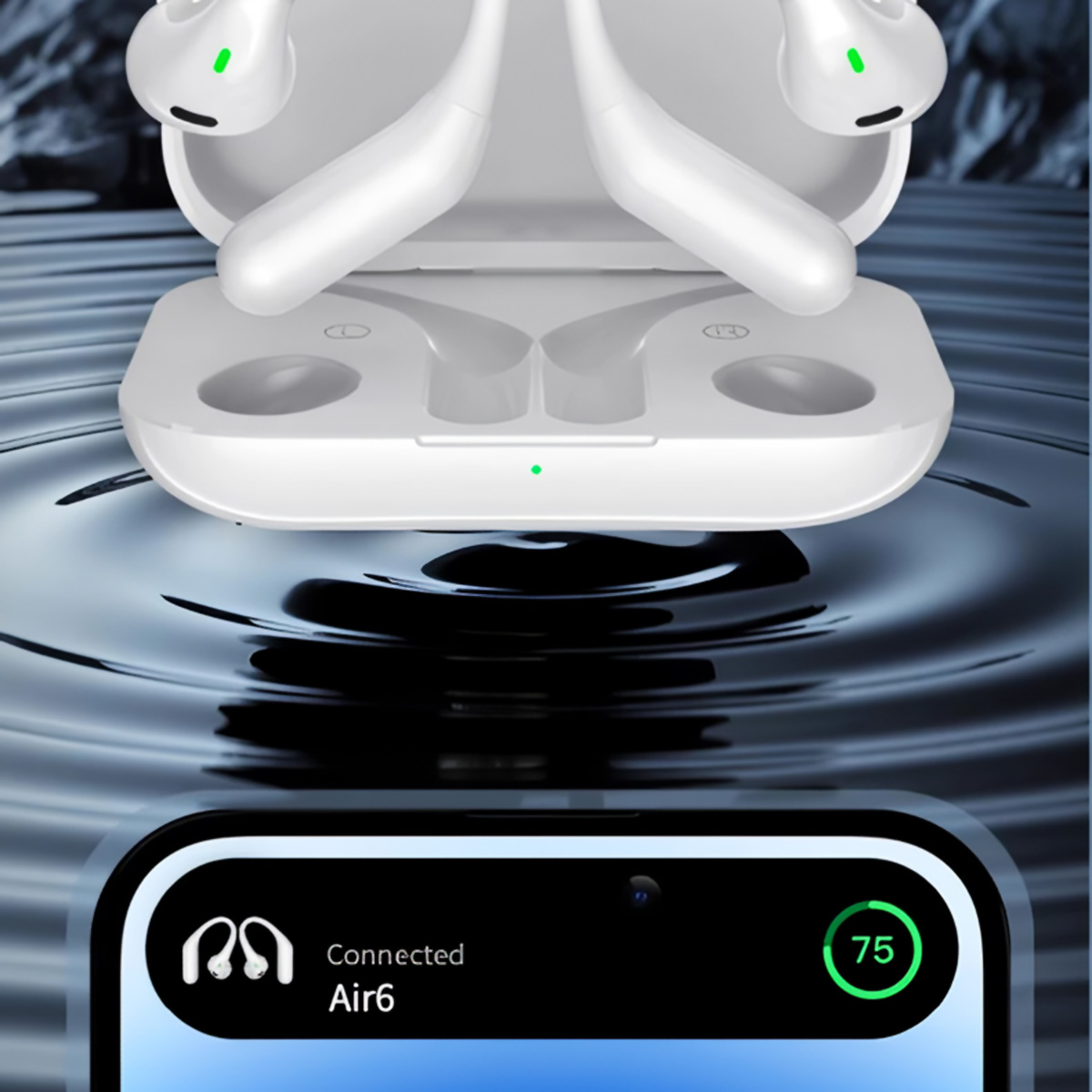 Auricolari wireless bianchi in una custodia di ricarica vicino a uno schermo del telefono che mostra la connessione.