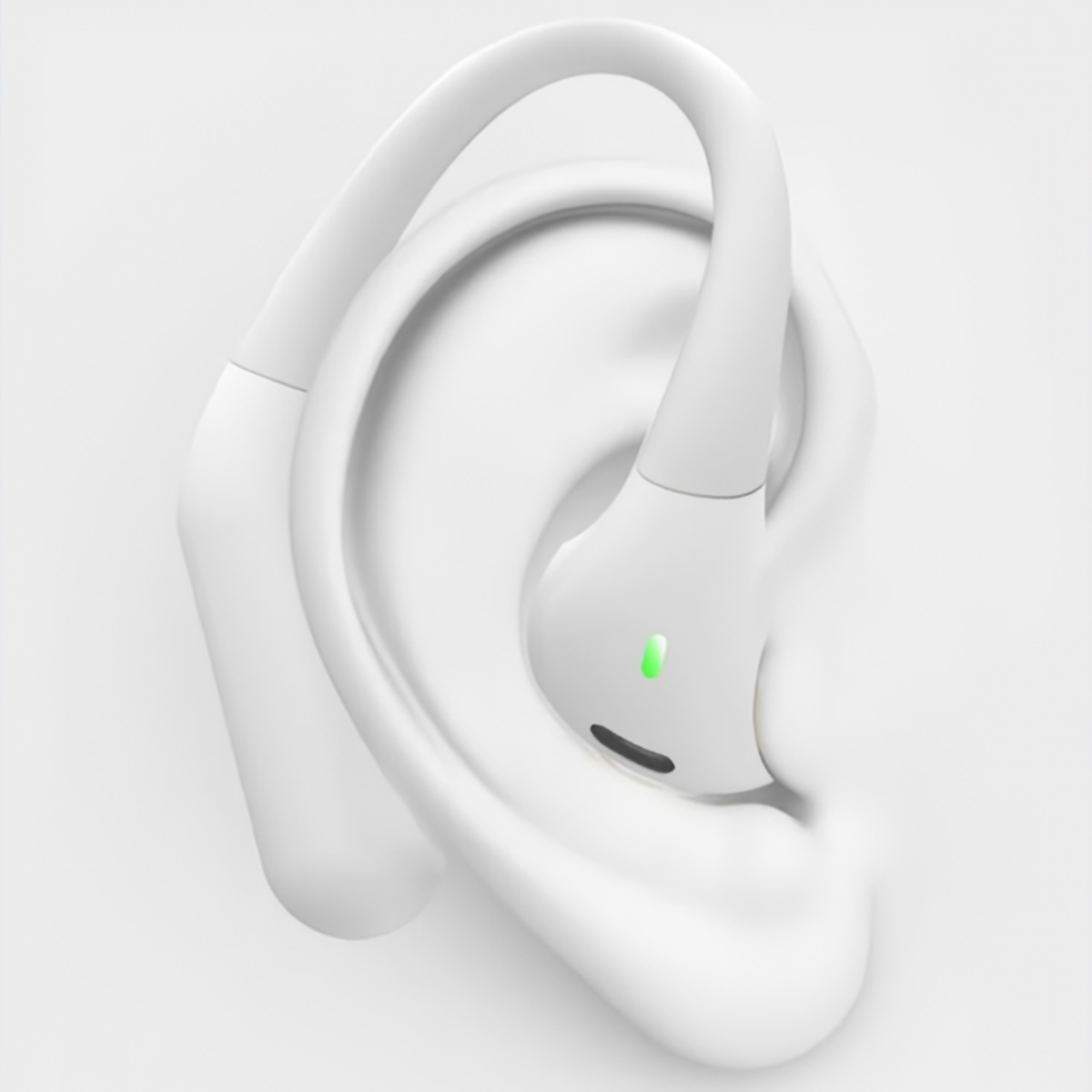 Auricolare bianco con un design curvo, indossato su un orecchio. Ha una luce verde.