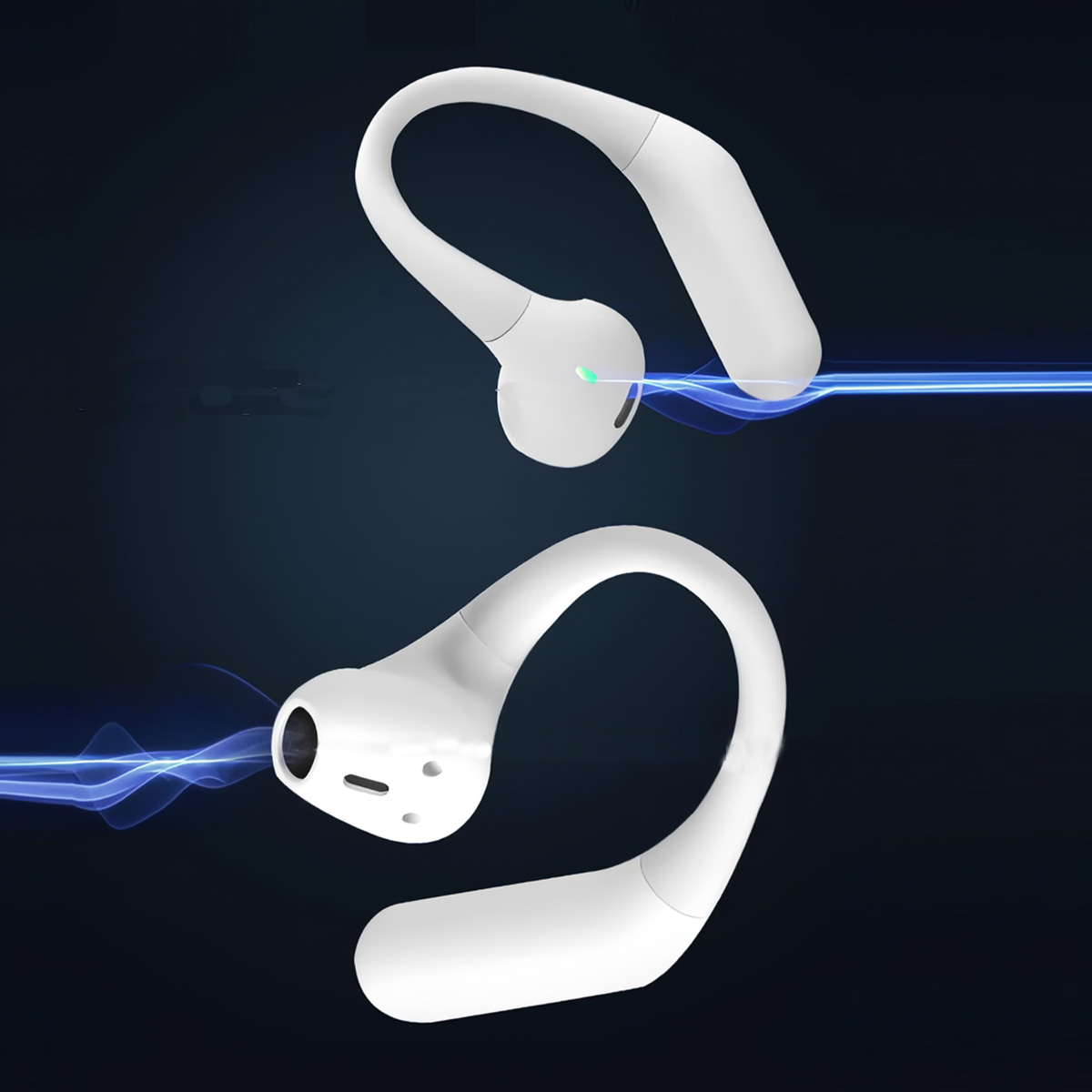 Due cuffie wireless bianche. Si curvano attorno all'orecchio e sono su uno sfondo blu scuro.