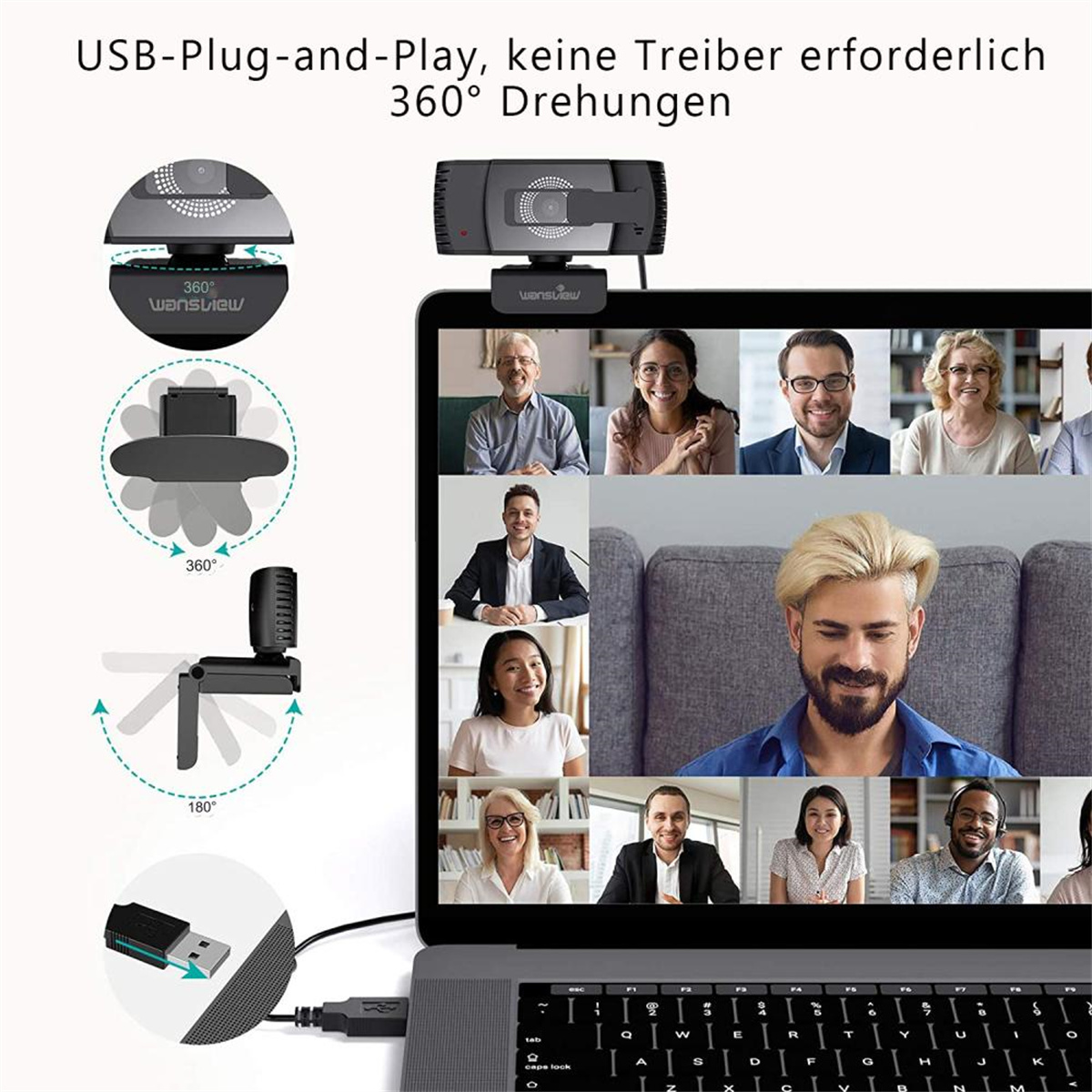 Eine Webcam auf einem Laptop, die einen Videoanruf mit mehreren Personen anzeigt.