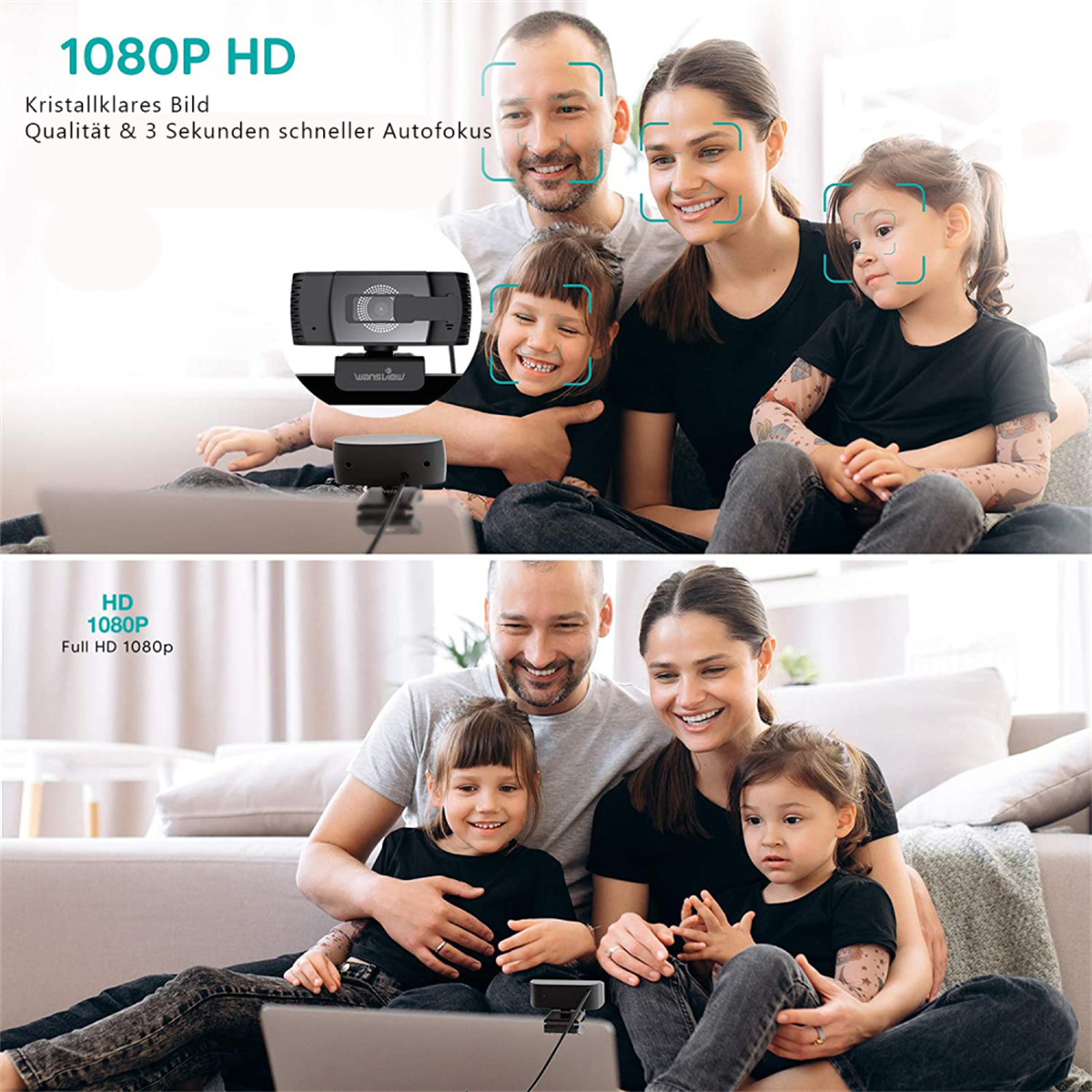 Familien-Videoanruf mit Webcam. Zwei Erwachsene und zwei Kinder lächeln. Text betont HD-Qualität.