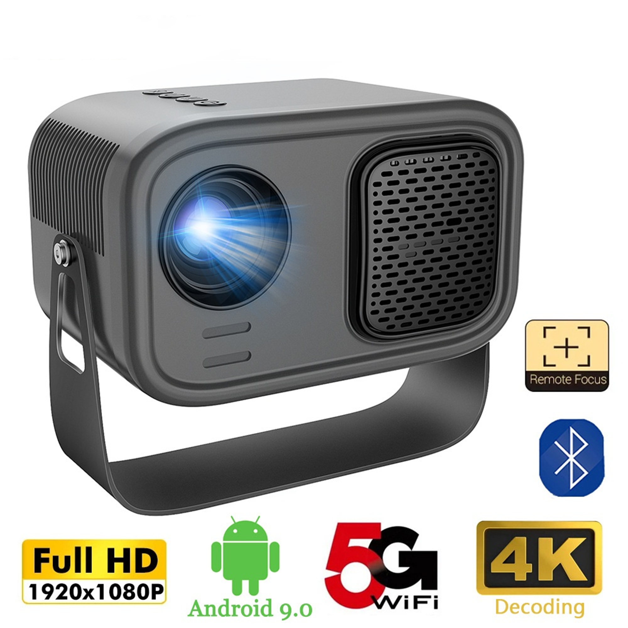 Ein grauer Projektor mit Lichtstrahl. Android 9.0, 5G WiFi, 4K-Dekodierung und Full HD 1920x1080P.