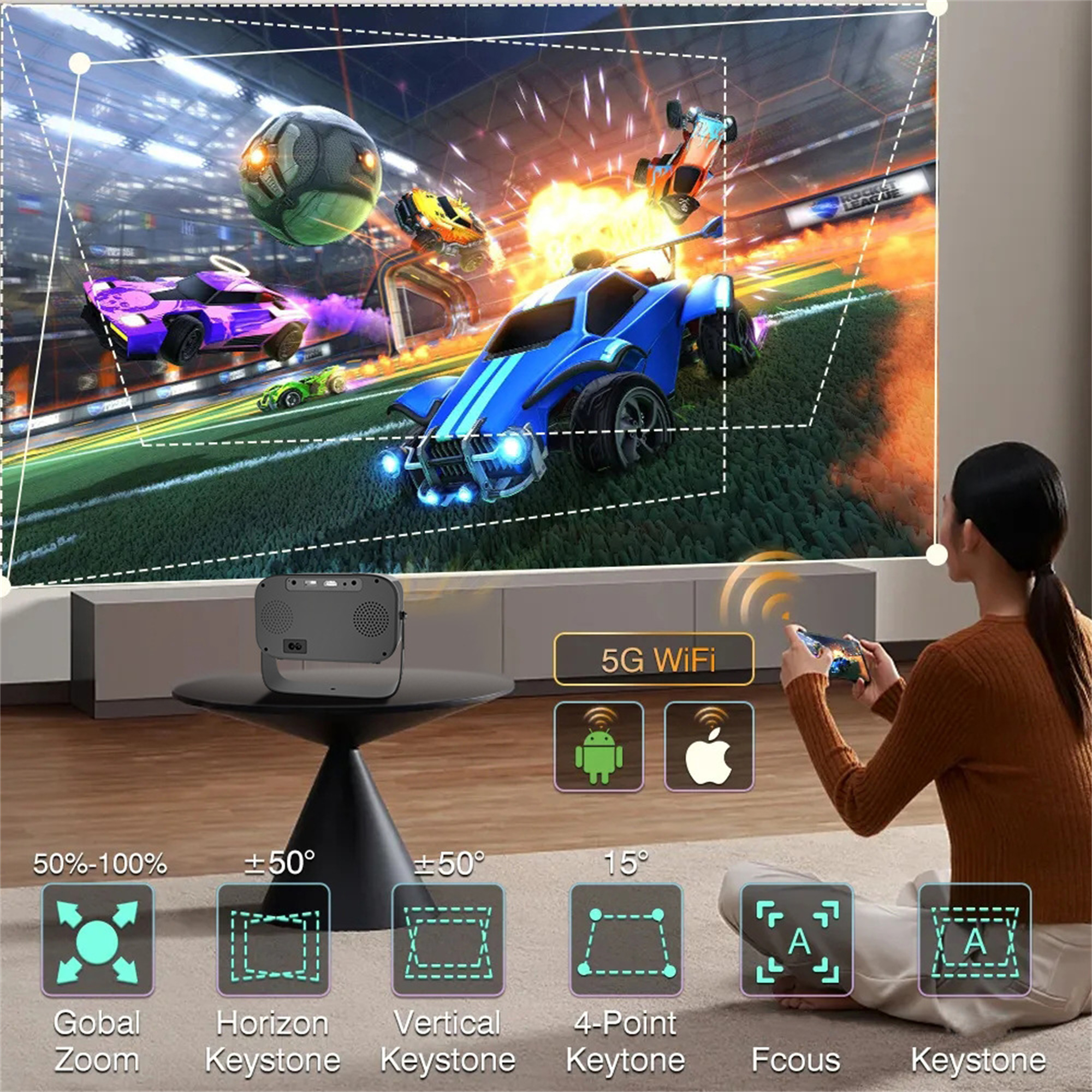 Projektor, der eine Videospielszenen zeigt. Eine Frau sitzt und benutzt eine Fernbedienung. 5G WiFi-Symbole sind sichtbar.