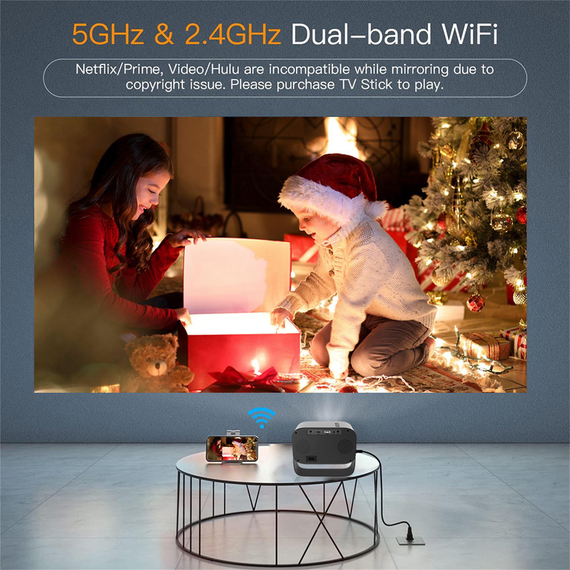 Projektor, der eine Familie beim Ansehen eines Films zeigt. 5 GHz & 2,4 GHz Dualband-WLAN.