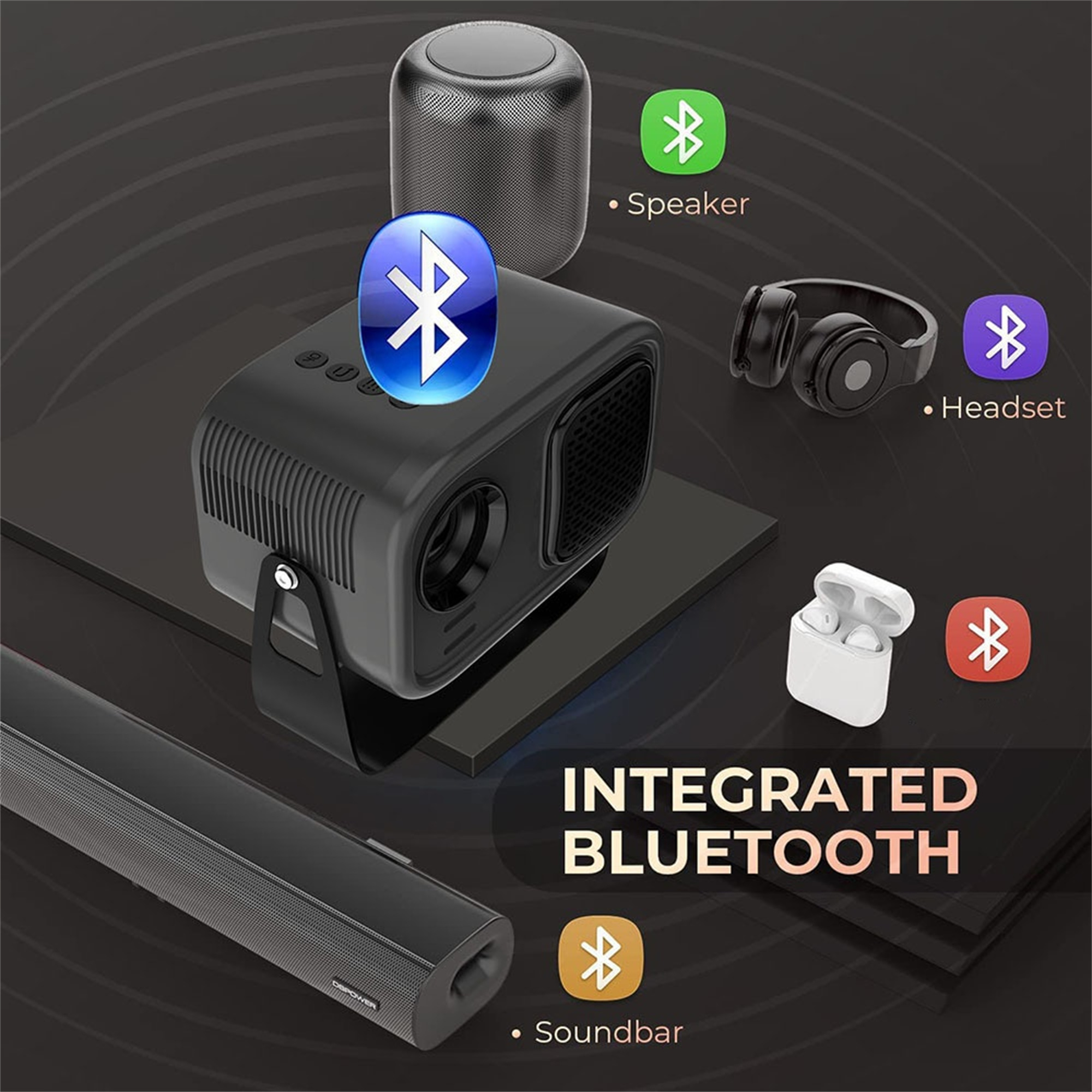 Ein integriertes Bluetooth-Gerät mit Lautsprecher, Headset, Ohrhörern und Soundbar, mit Bluetooth-Symbol.