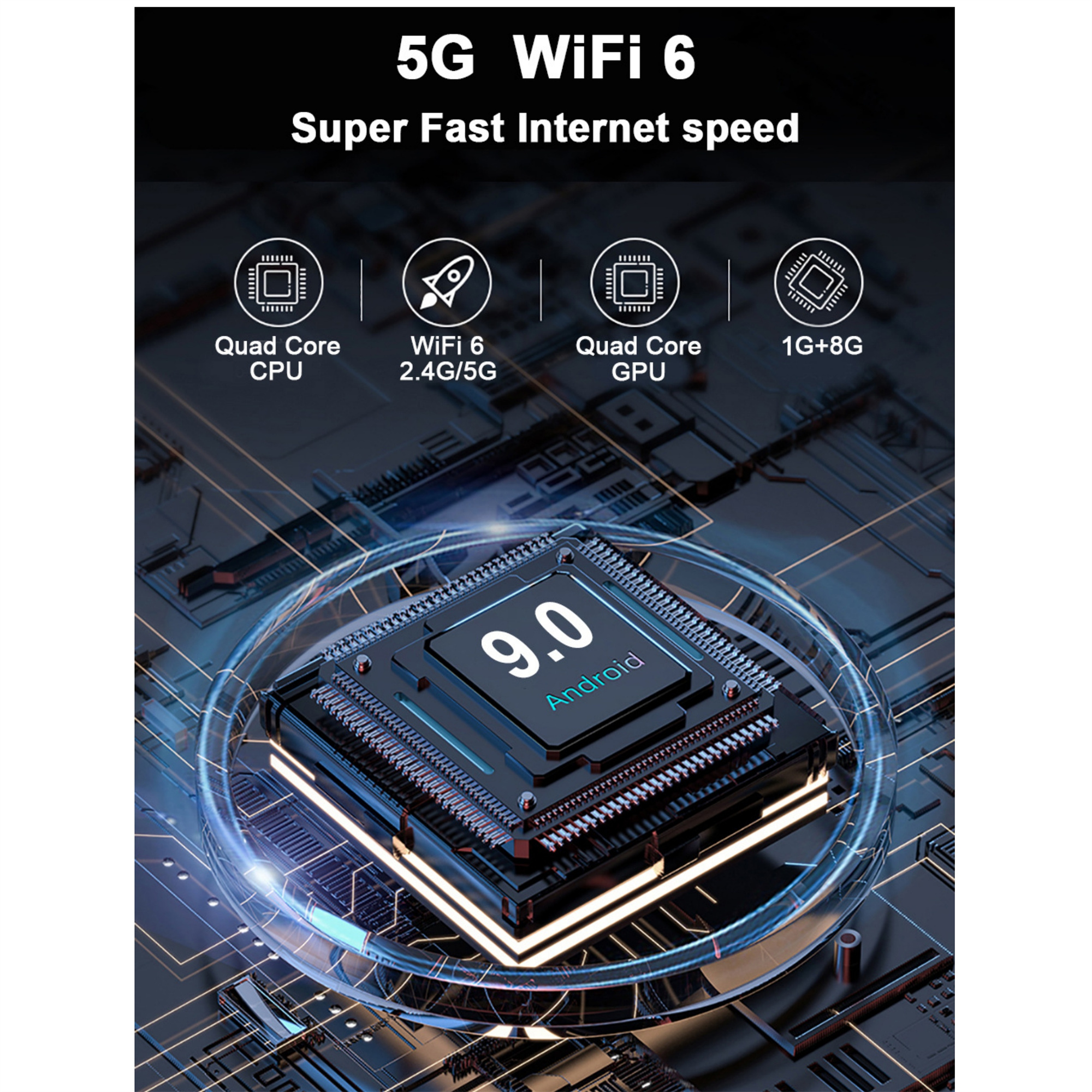 Das Bild zeigt eine Leiterplatte mit Symbolen und Text, die 5G-WLAN, superschnelle Internetgeschwindigkeit und andere Funktionen bewirbt.