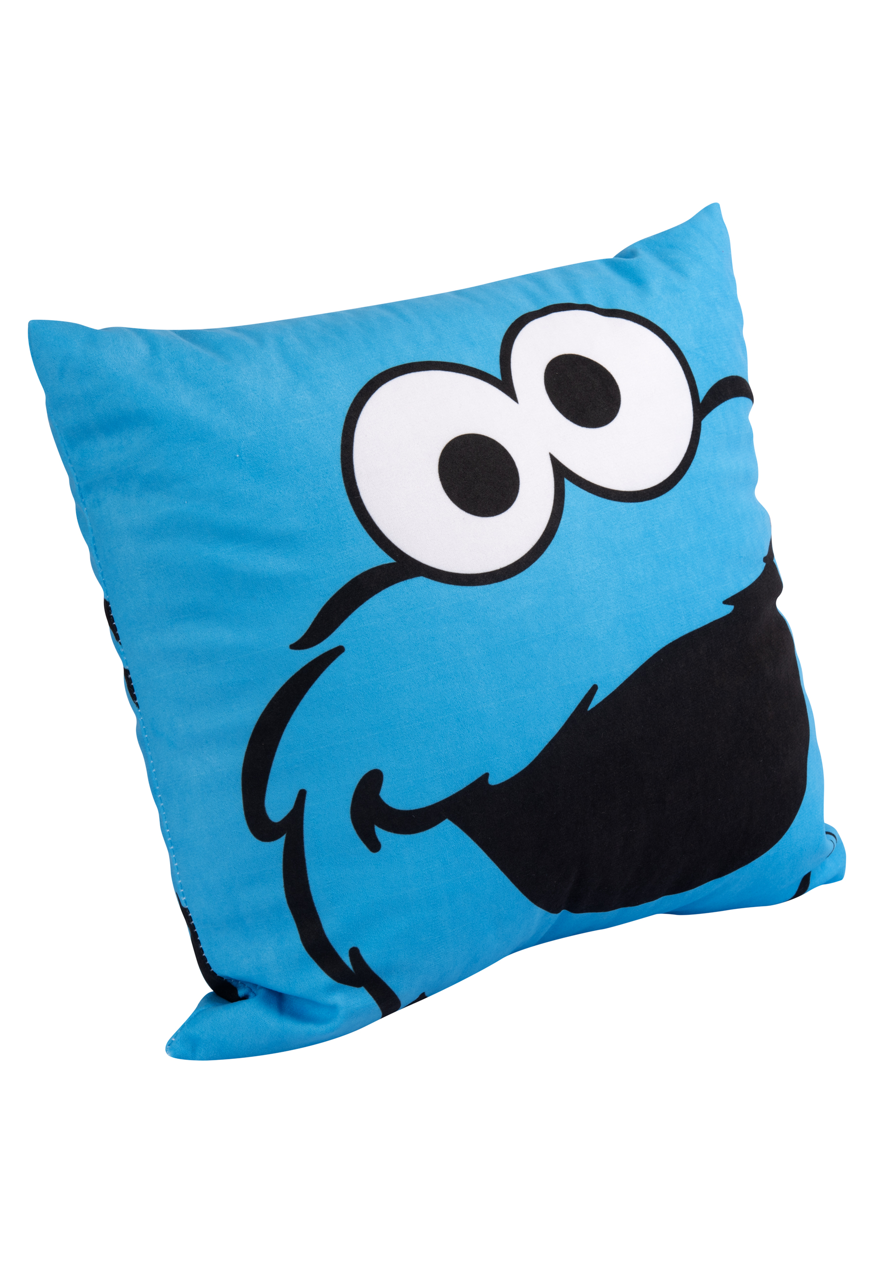 Blaues Krümelmonster-Kissen, mit dem Gesicht des Monsters. Weißer Hintergrund.