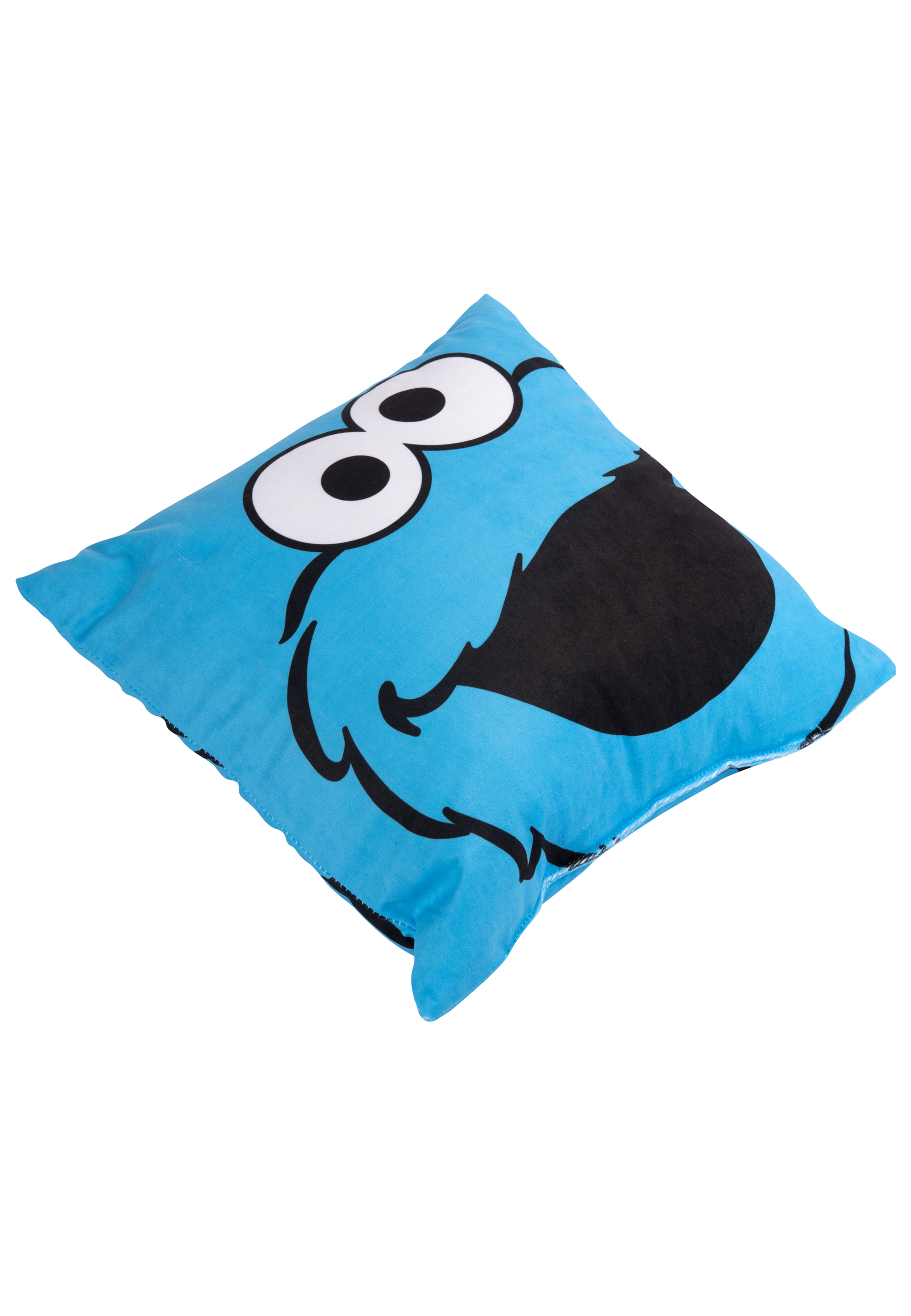 Ein blaues Kissen mit Cookie Monster-Gesicht liegt auf einer weißen Oberfläche.