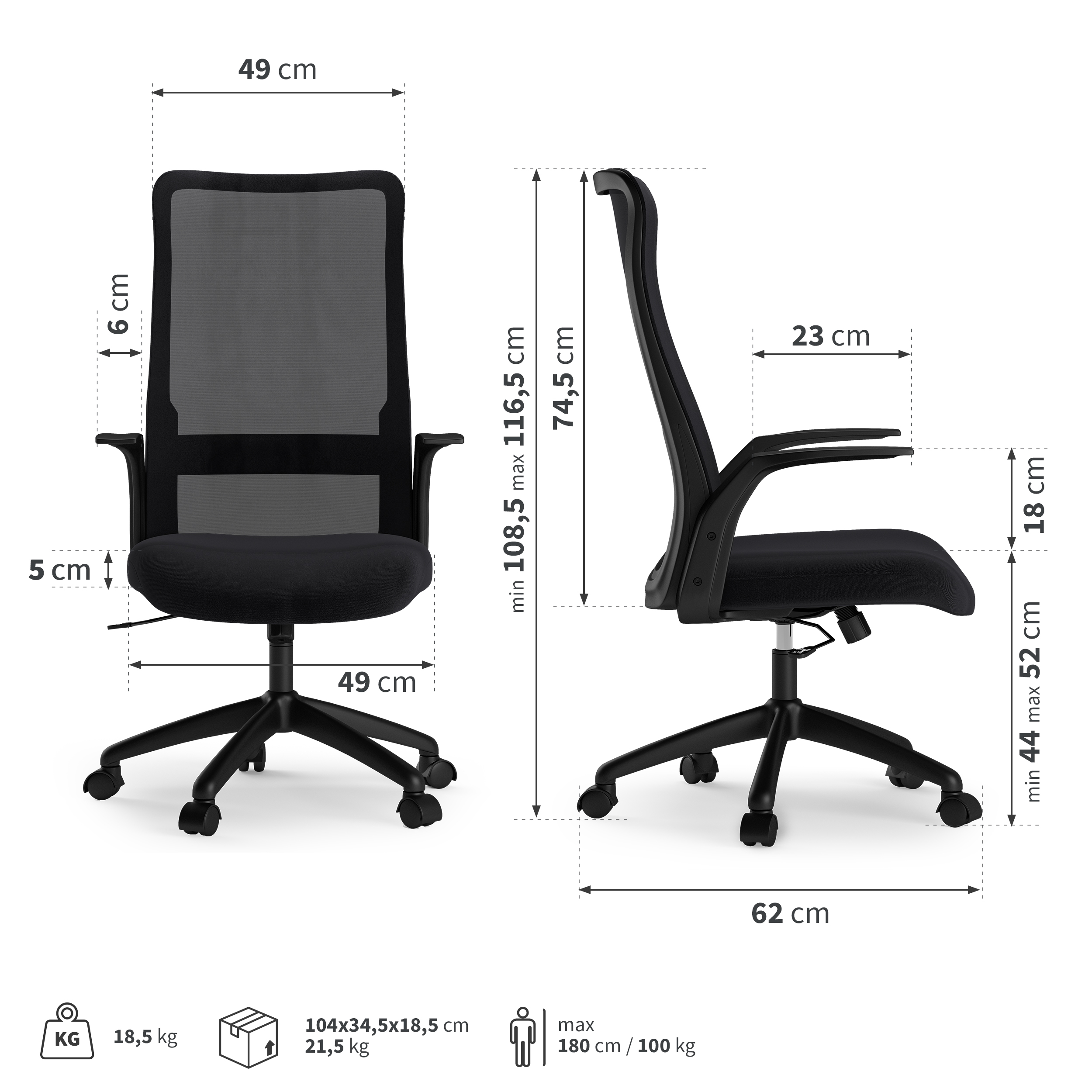 Schwarzer Bürostuhl mit Maßen. Netzrücken, Räder, Arme. Weißer Hintergrund.