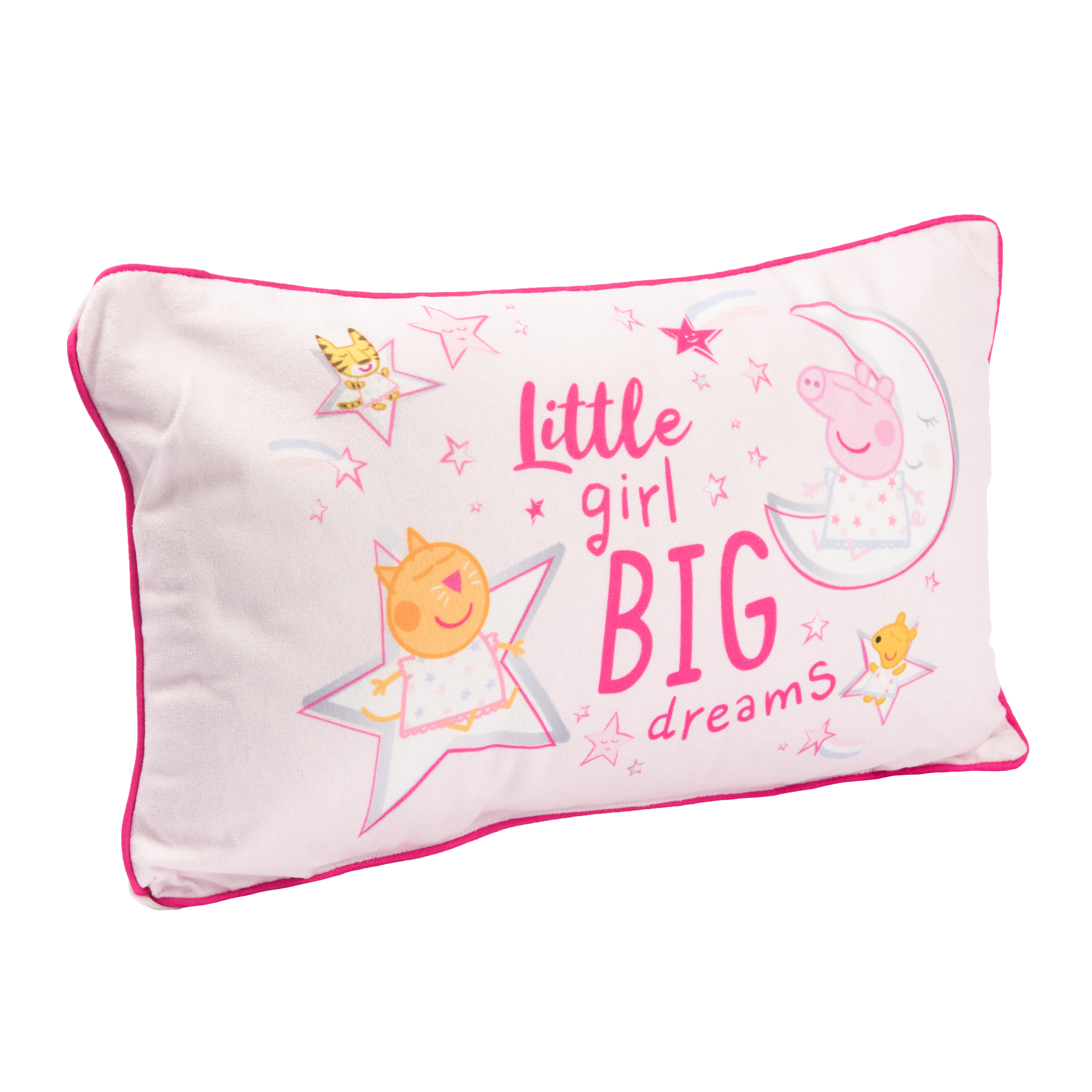 Rosa Kissen mit Cartoonfiguren und Text: 'Little girl BIG dreams'.