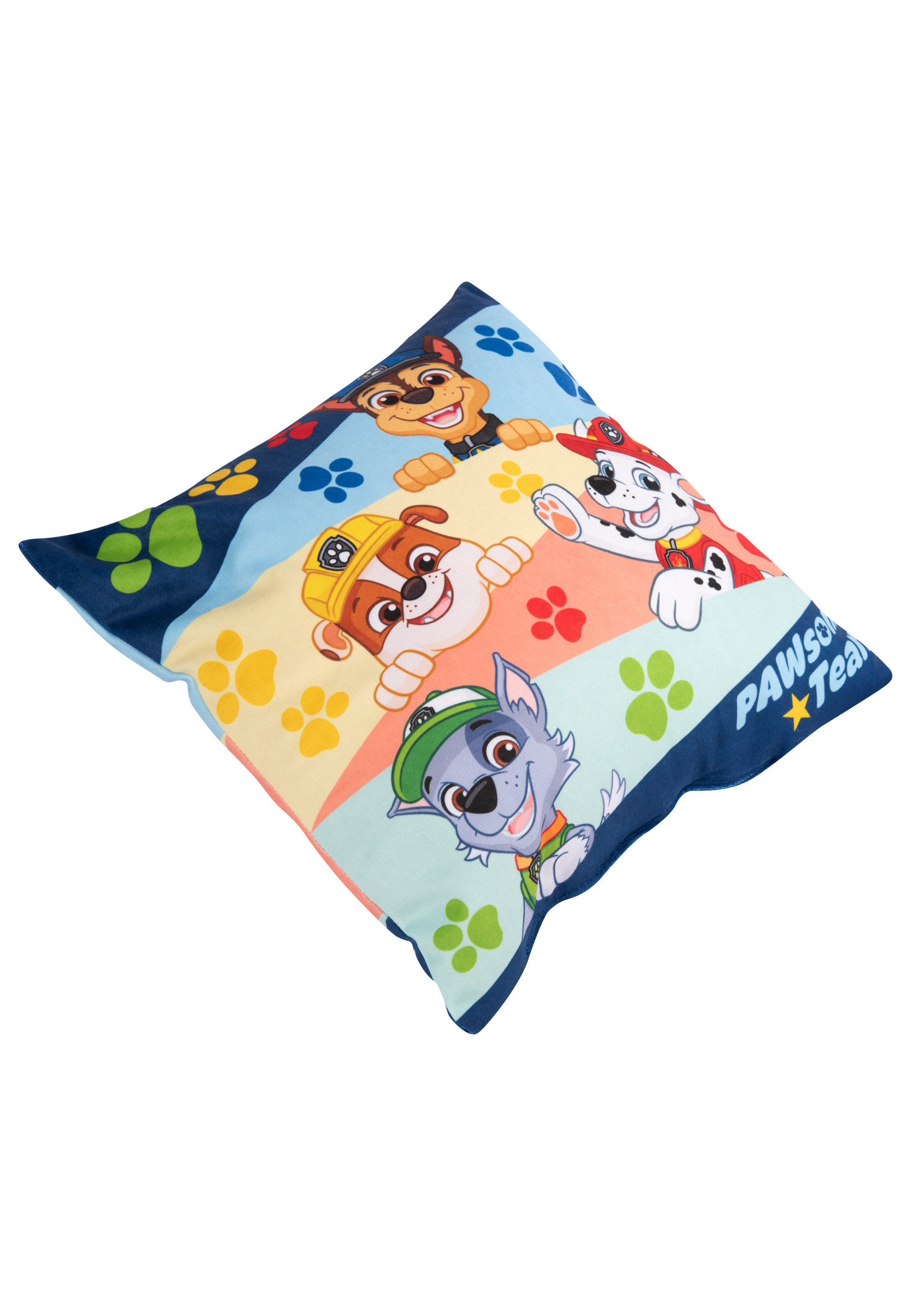 Quadratisches Paw Patrol Kissen mit Zeichentrickfiguren. Blaue, hellblaue und gelbe Streifen. Pfotenabdrücke.