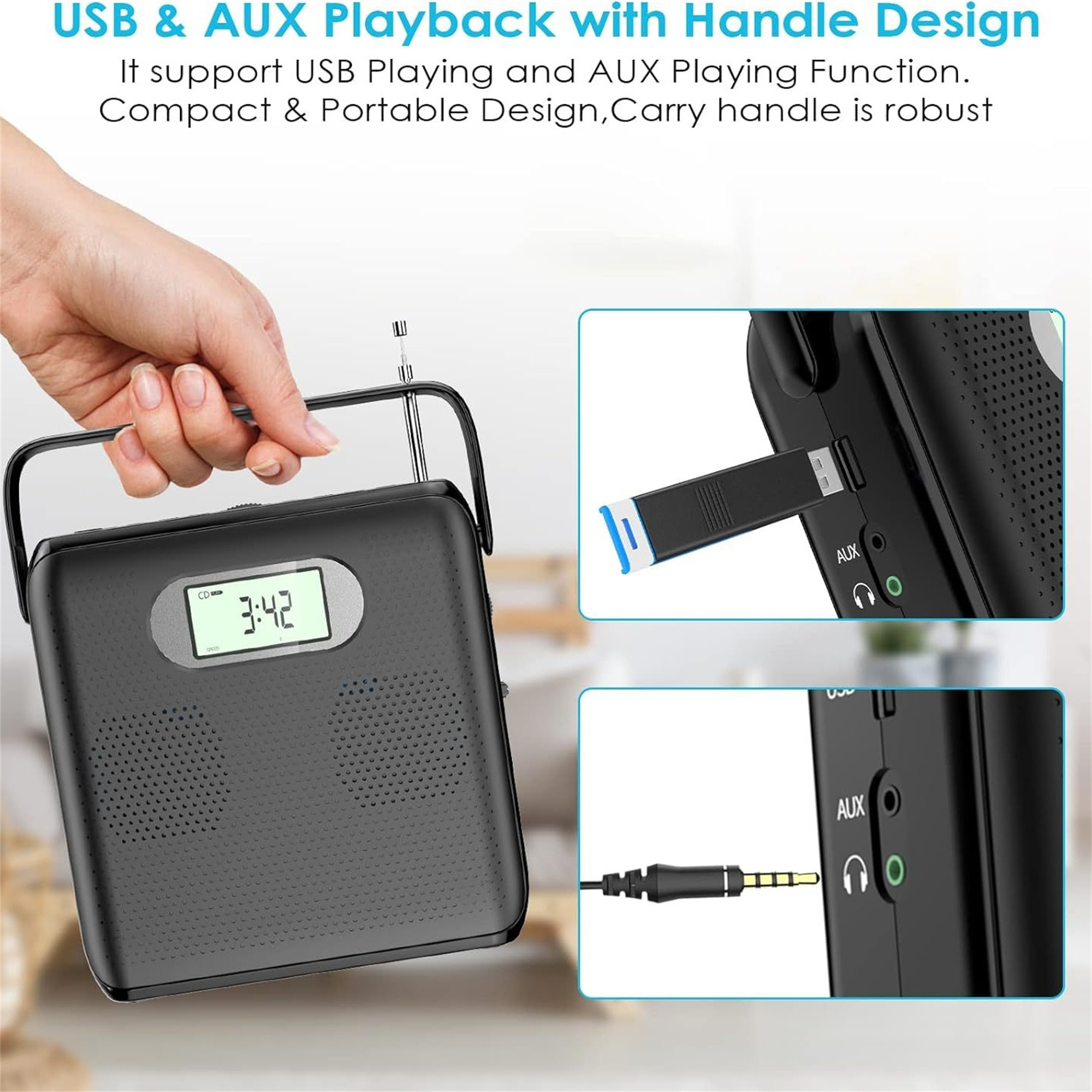Schwarzes tragbares Radio mit USB- und AUX-Anschlüssen. Hand hält das Radio, zeigt Anschlüsse und Zubehör.