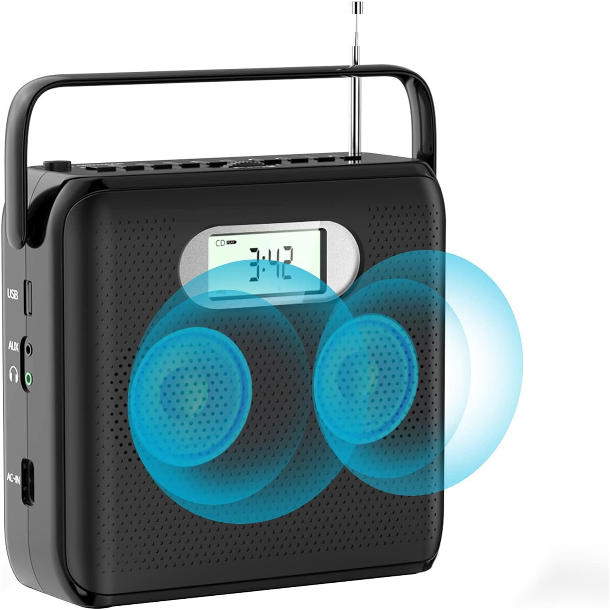 Schwarzes tragbares Radio mit Zeitanzeige und blauen kreisförmigen Schallwellen.