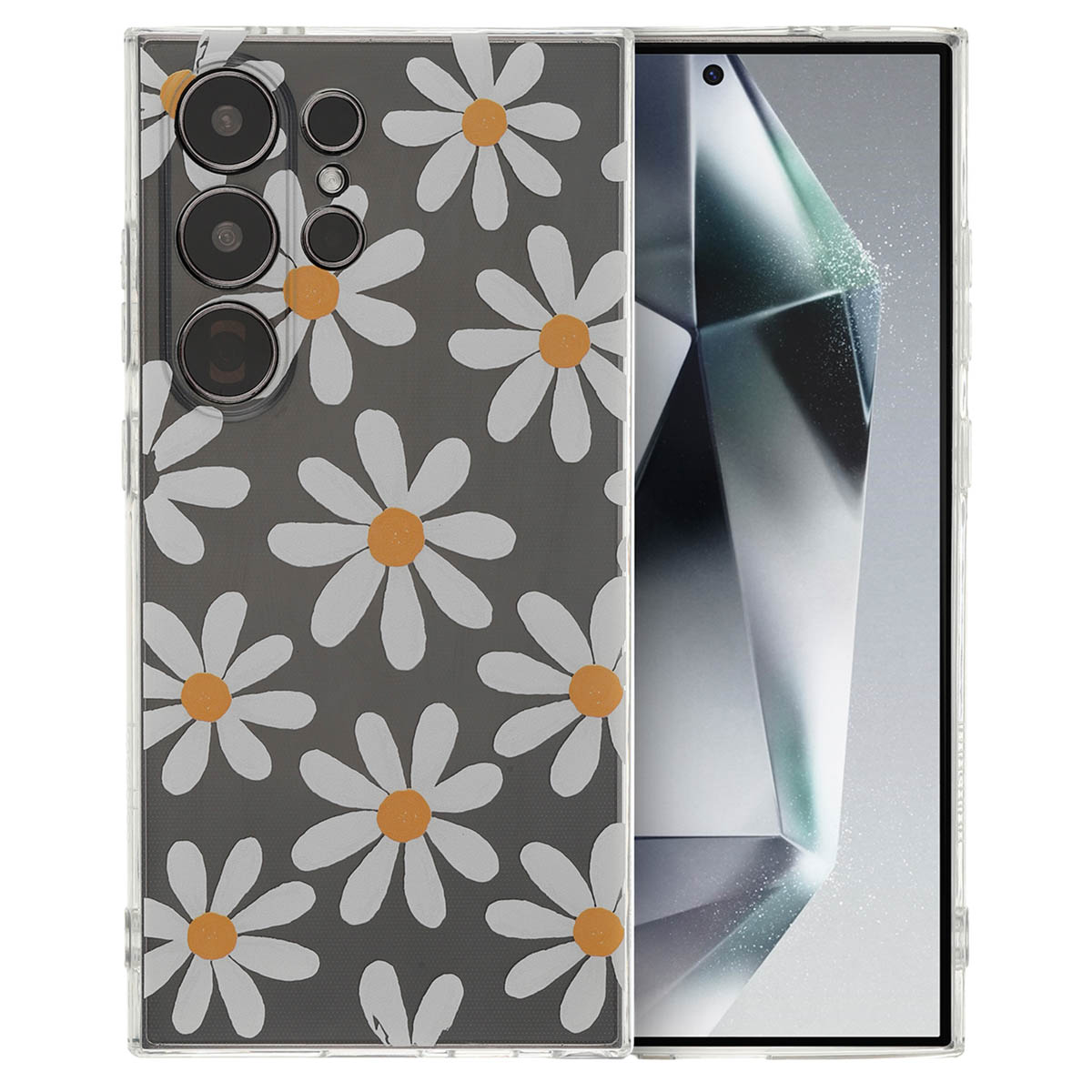 Een telefoonhoesje met een madeliefpatroon. De telefoon heeft meerdere camera's en een scherm met een zwarte achtergrond.