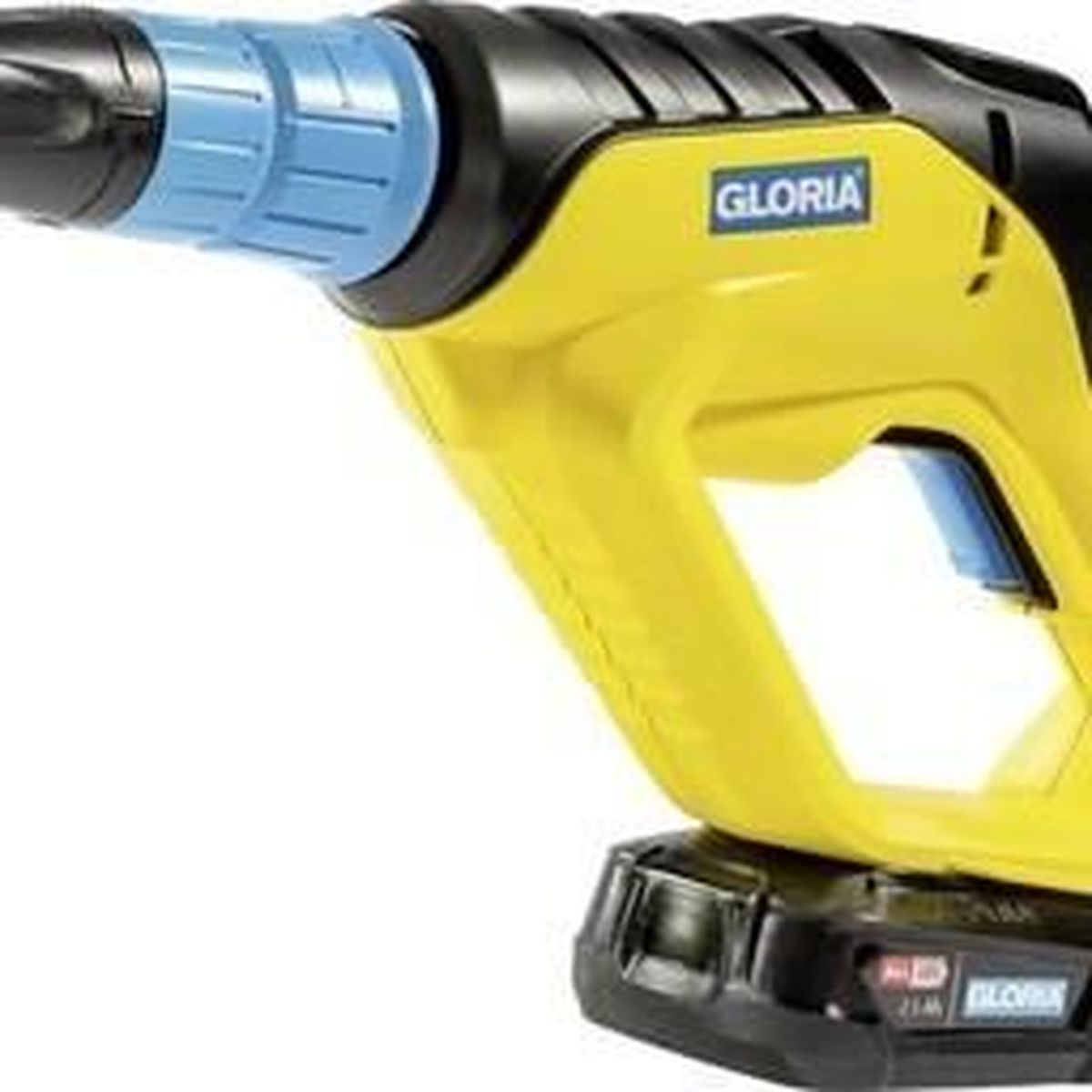 Uno strumento di pulizia giallo e nero con un ugello blu.